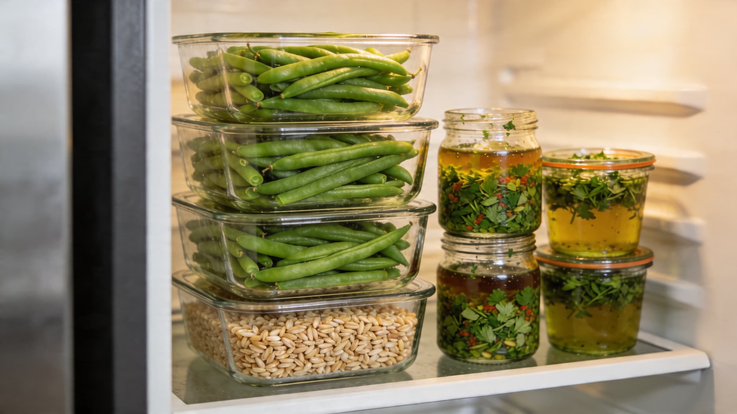 A peek inside a perfectly organized Mediterranean fridge with stacked glass jars of prepped grains, blanched greens, and zesty dressings.