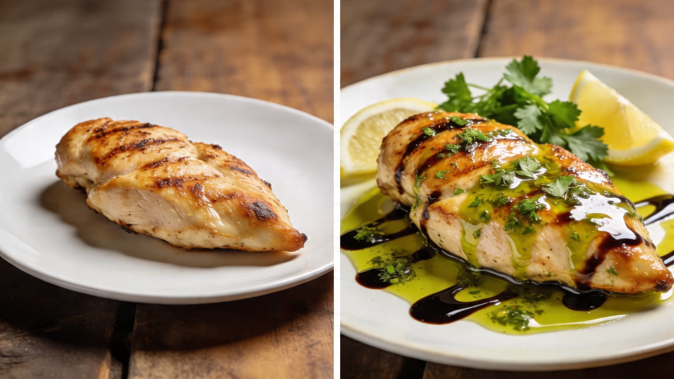 A side-by-side comparison of a bland chicken breast vs. one drizzled with herb-infused olive oil and a balsamic glaze