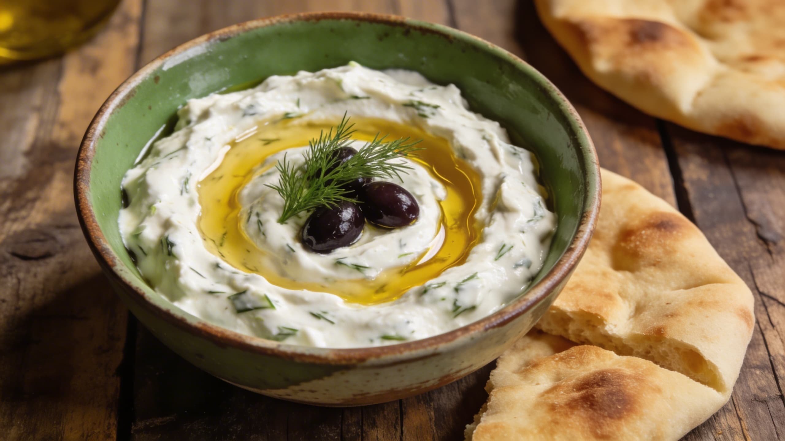 Image 2: A beautiful overhead shot of a ceramic bowl filled with thick, creamy tzatziki, topped with a swirl of golden olive oil, a sprig of fresh dill, and a few kalamata olives, served with warm pita bread on a rustic wooden table.