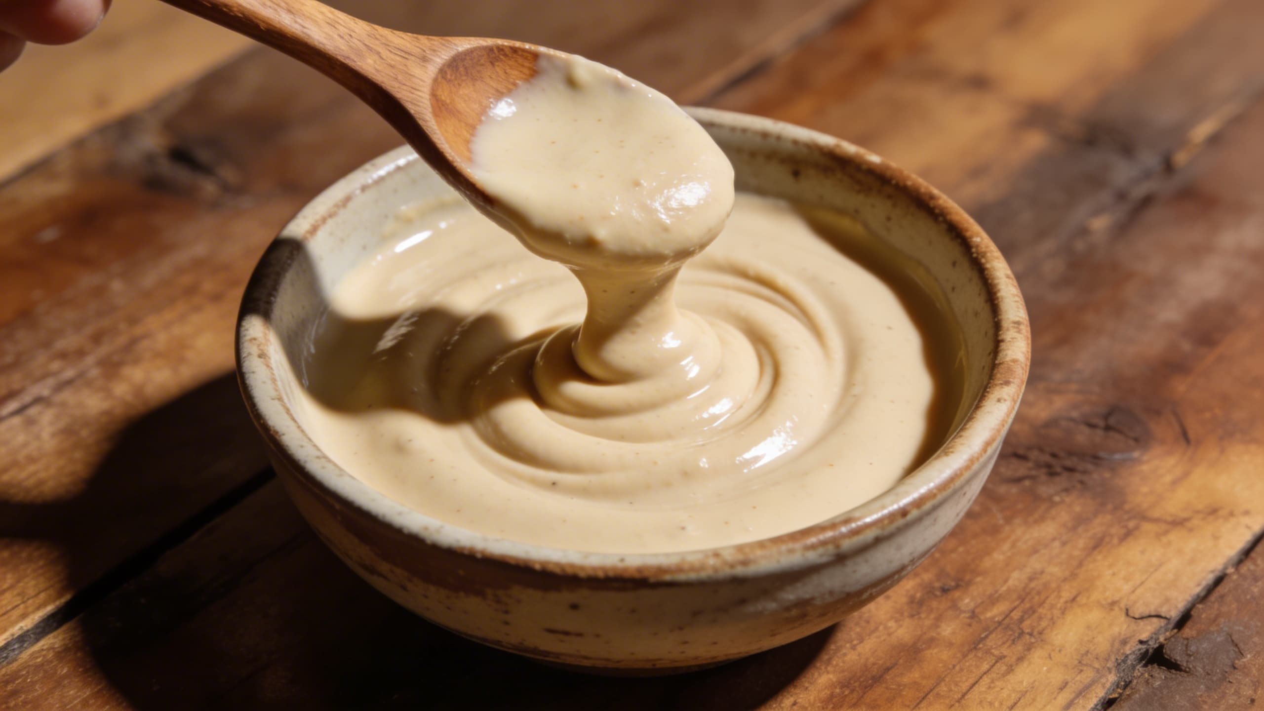 A close-up of a wooden spoon lifting a thick, glossy, pale-ivory swirl of tahini sauce from a ceramic bowl.