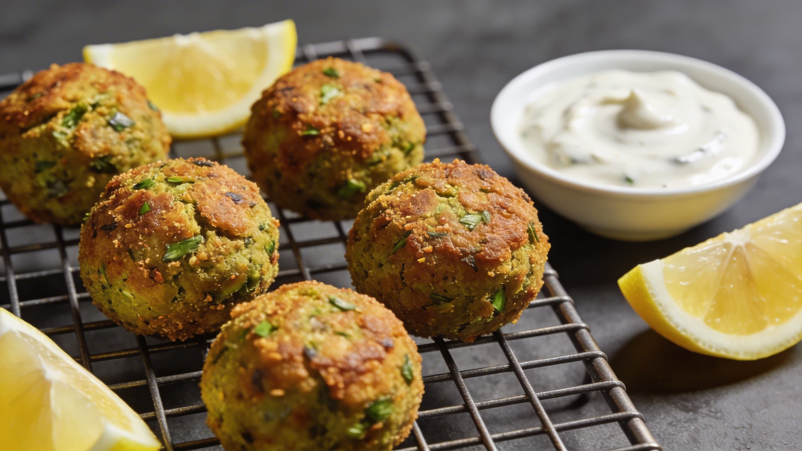 Image 2: A wire rack holding perfectly golden-brown, crispy falafel balls, garnished with fresh lemon wedges and a side of creamy white tahini sauce.