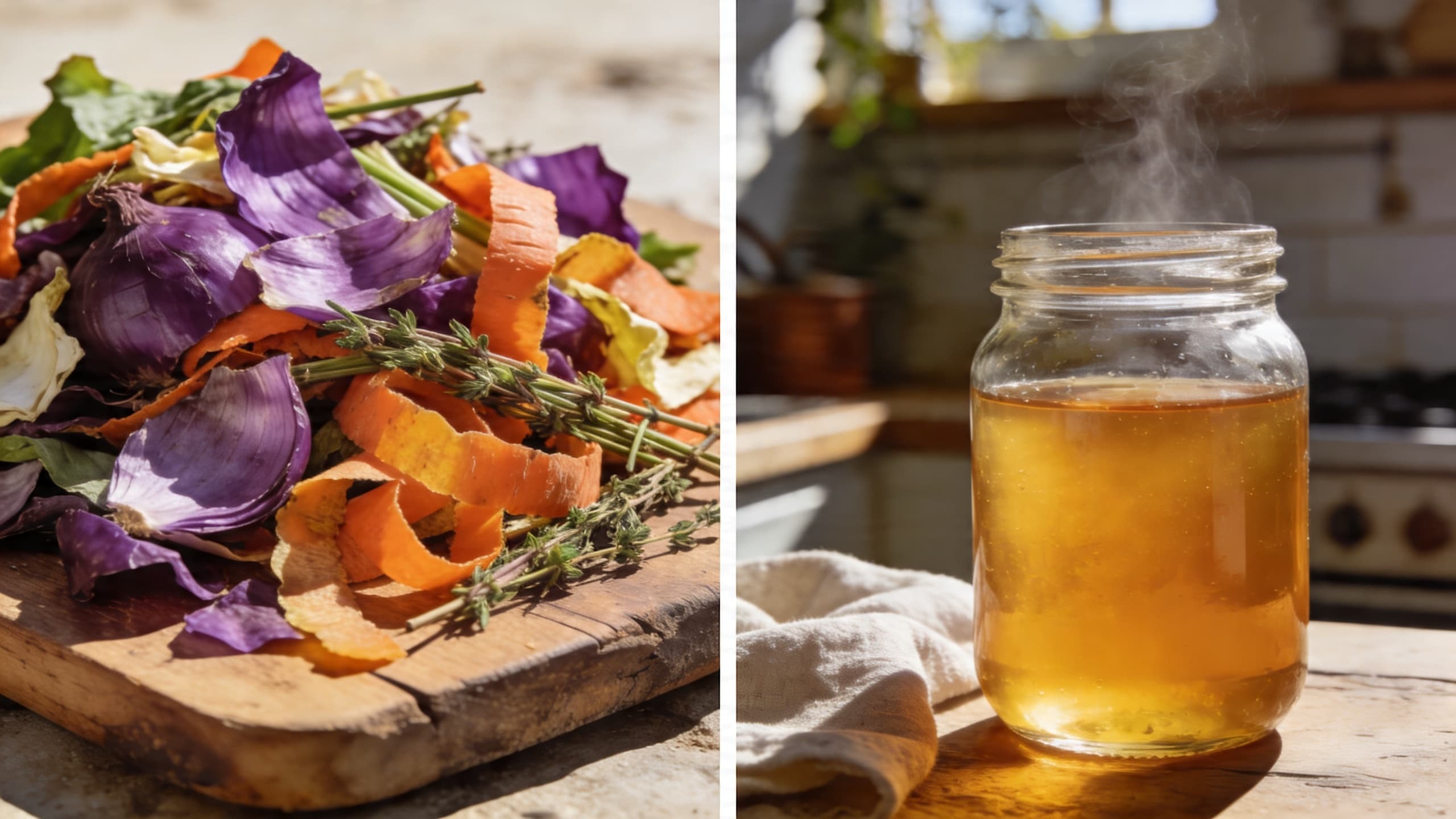 A vibrant transformation: On the left, a pile of vegetable scraps like onion skins and herb stems; on the right, a clear, golden homemade vegetable stock being poured into a glass jar.