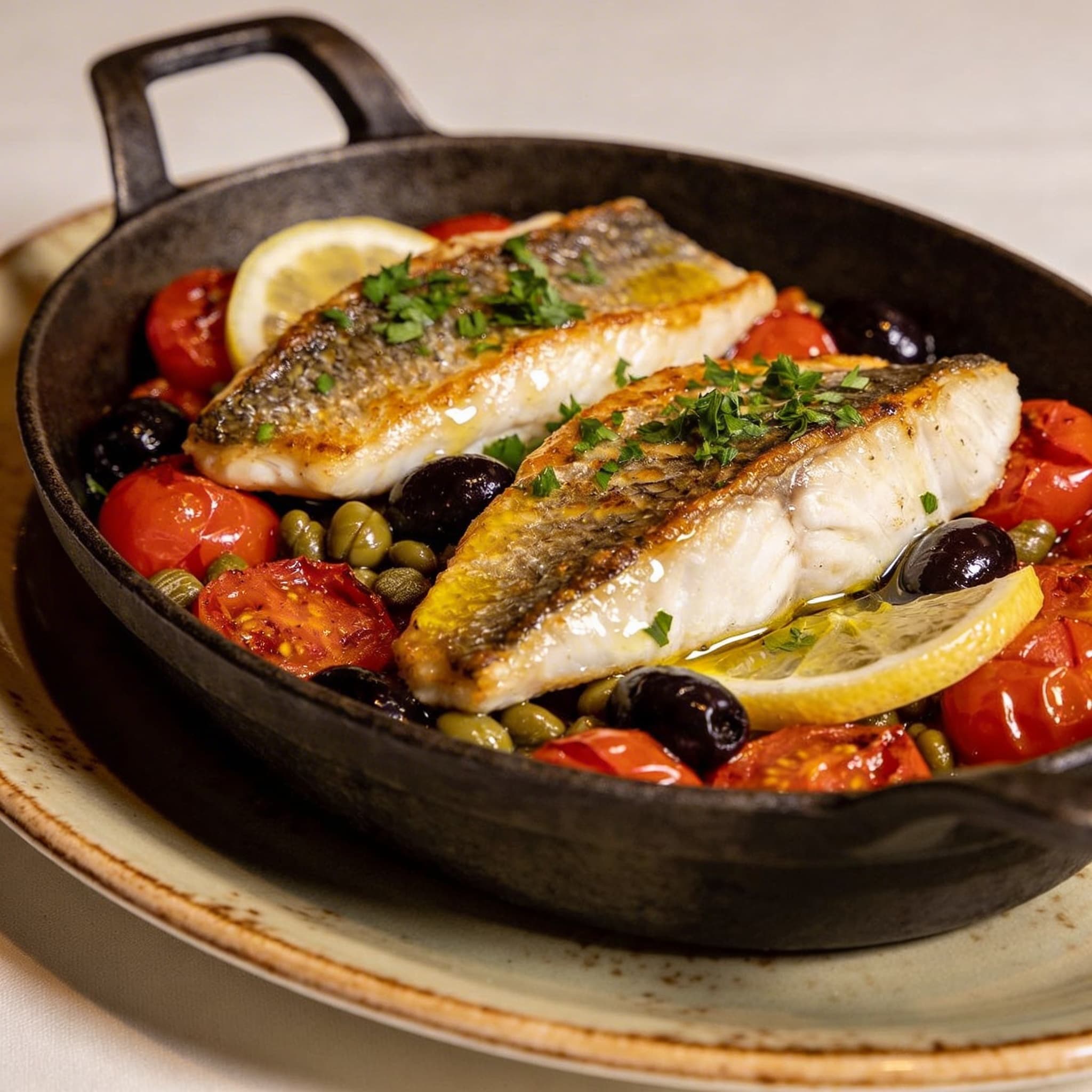 Blistered Tomato & Caper Sea Bass Bake
