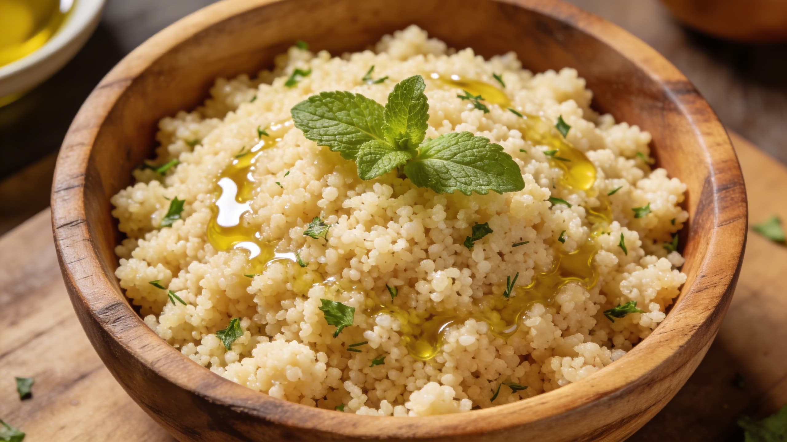 A close-up of perfectly steamed, individual grains of couscous glistening with olive oil and flecks of fresh herbs.