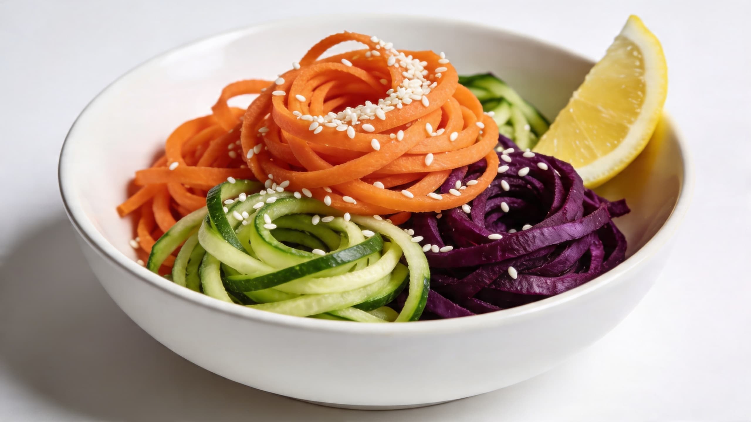 A bright bowl of multi-colored vegetable spirals—orange carrots, green zucchini, and purple beets—topped with a sprinkle of sesame seeds.