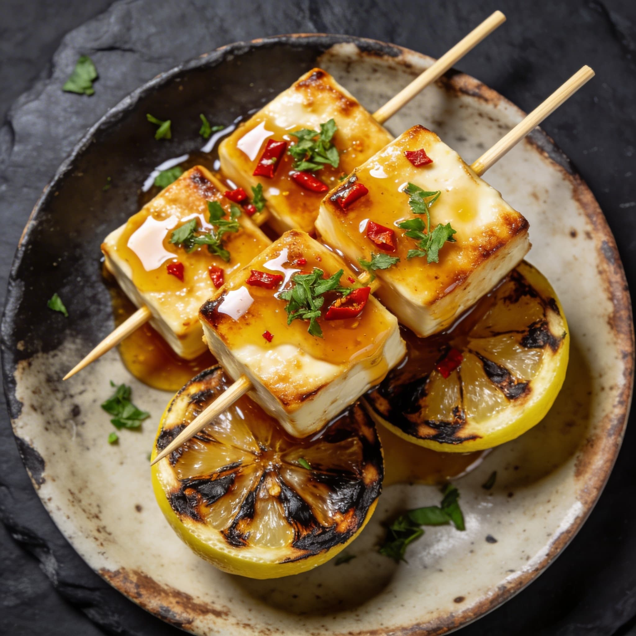 Honey-Glazed Chili Halloumi Skewers