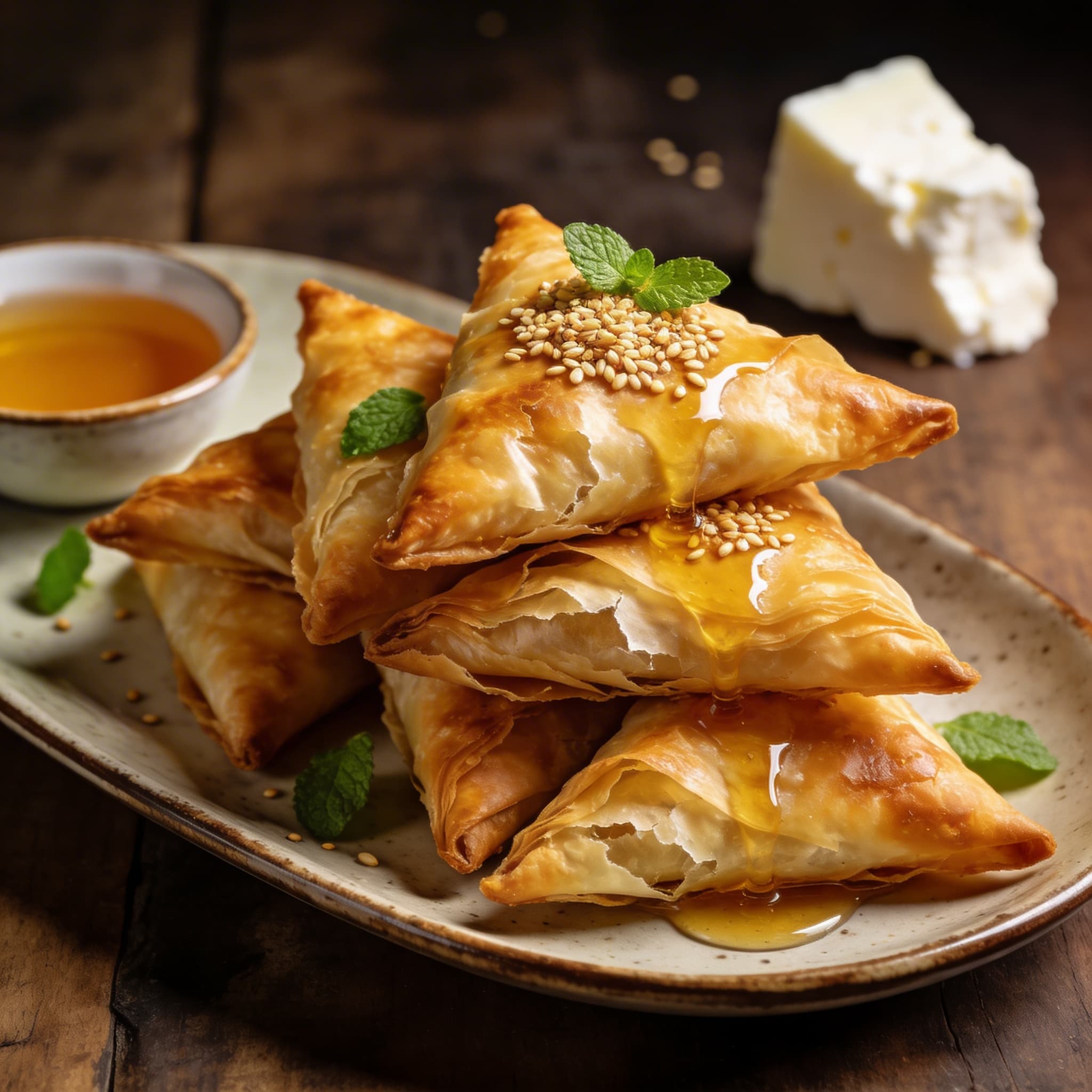 Crispy Honey-Drizzled Feta Tiropita Triangles