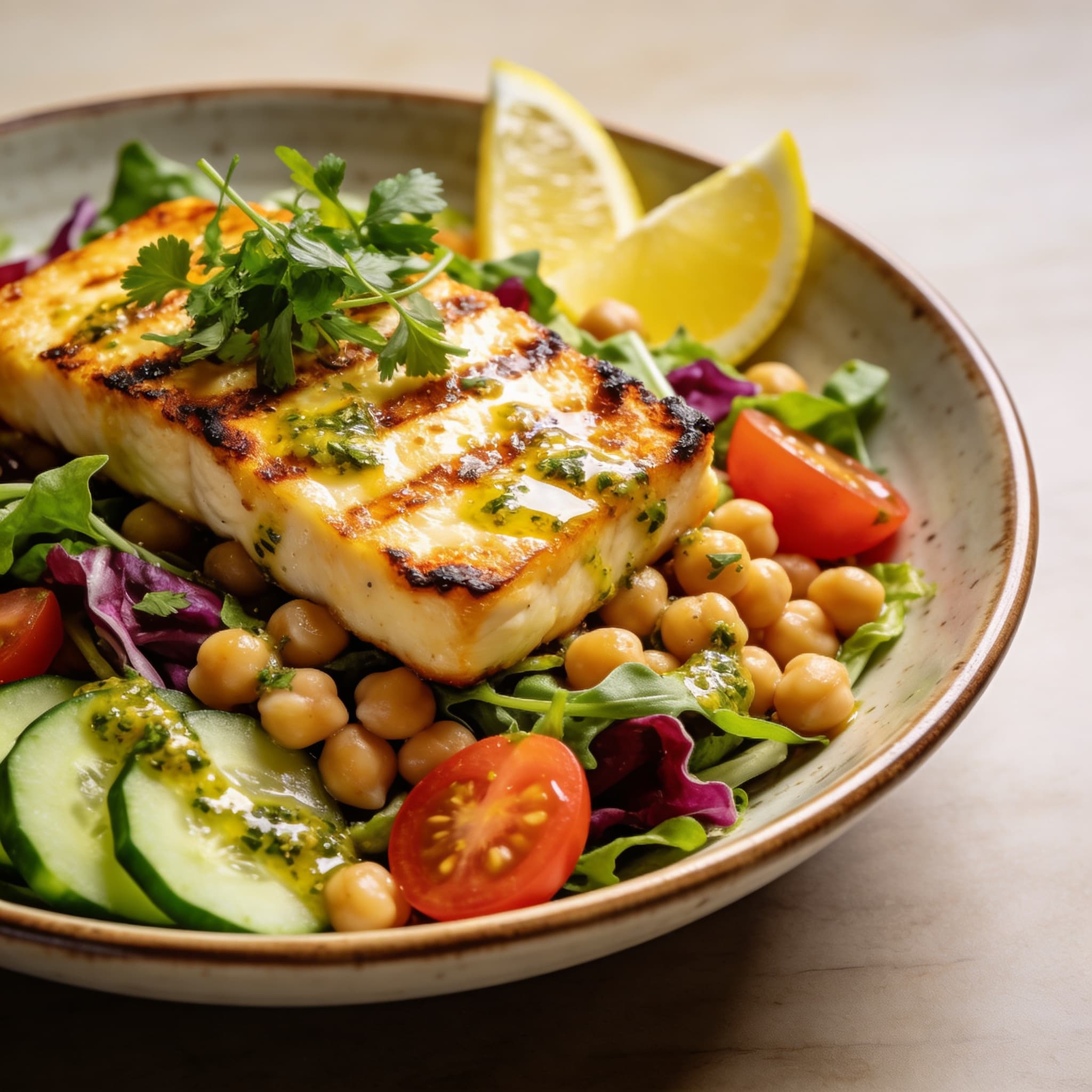Golden Halloumi & Zesty Chickpea Salad Bowl