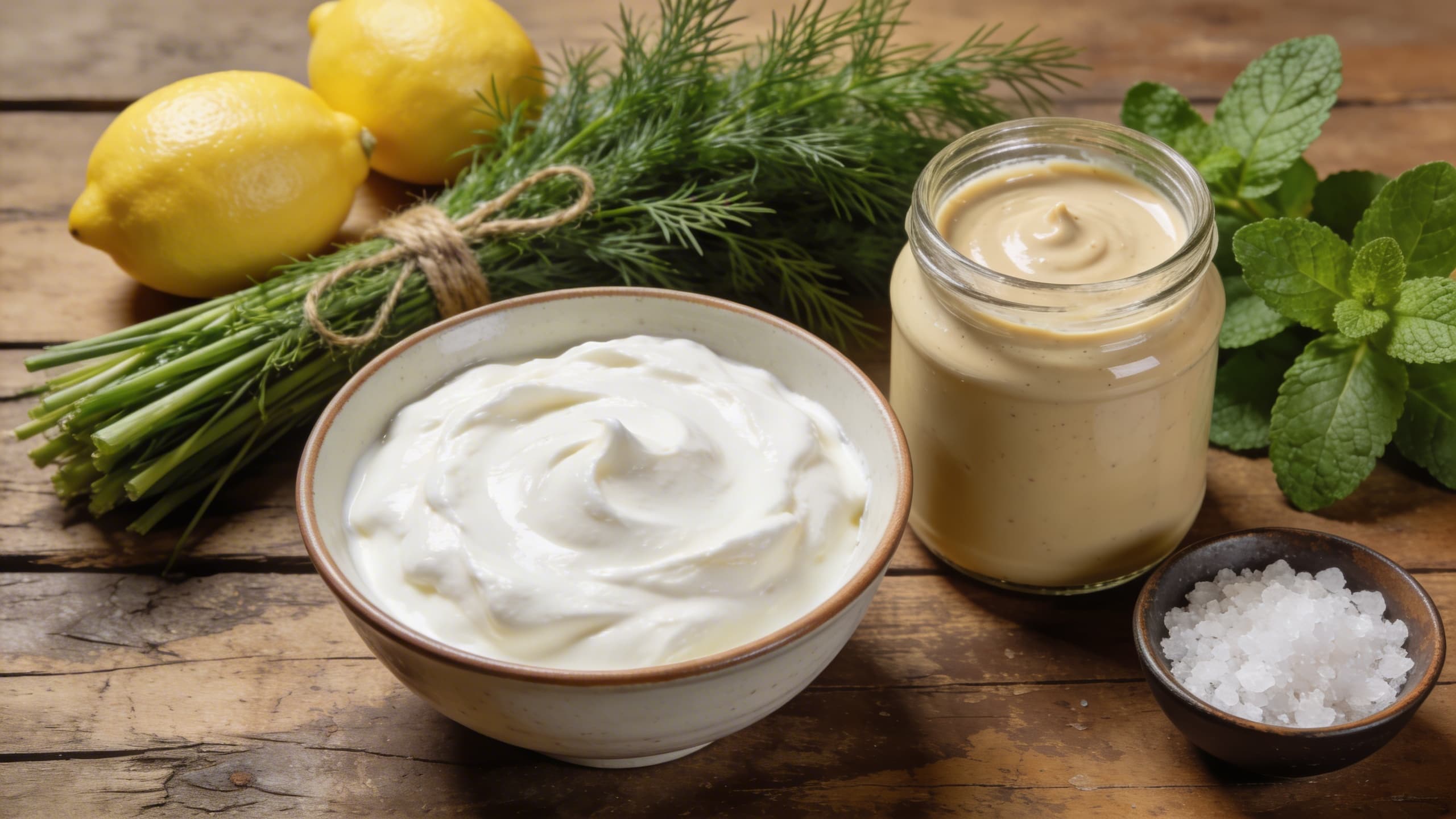 A flat lay of vibrant ingredients: a bowl of thick Greek yogurt, a jar of creamy tahini, fresh lemons, a bundle of dill and mint, and a small bowl of sea salt on a rustic wooden table.