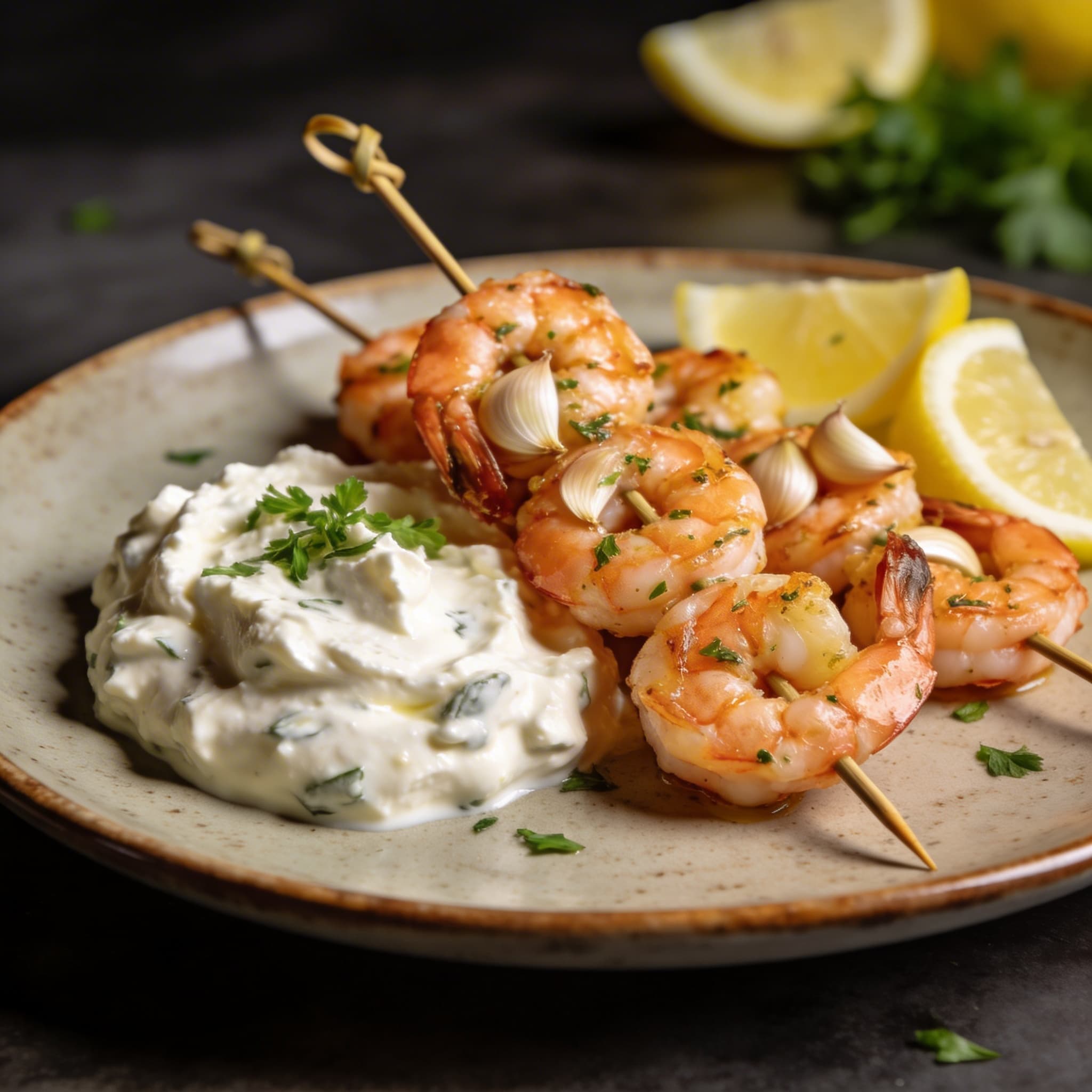 Garlic Shrimp Skewers with Whipped Feta Dip