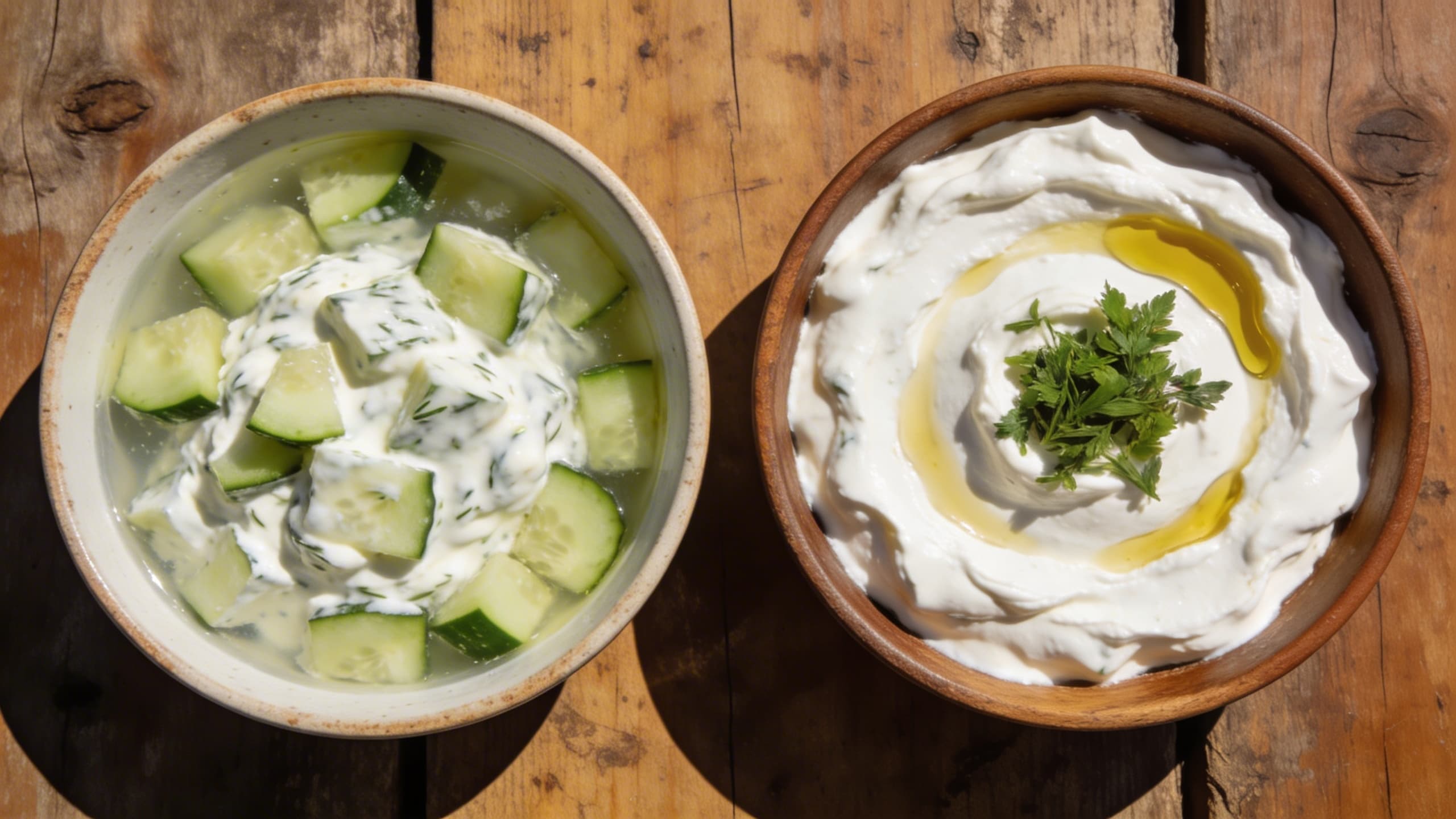 A side-by-side comparison: on the left, a separated, watery tzatziki with large chunks of cucumber; on the right, a thick, whipped, velvety yogurt sauce garnished with olive oil and fresh herbs.