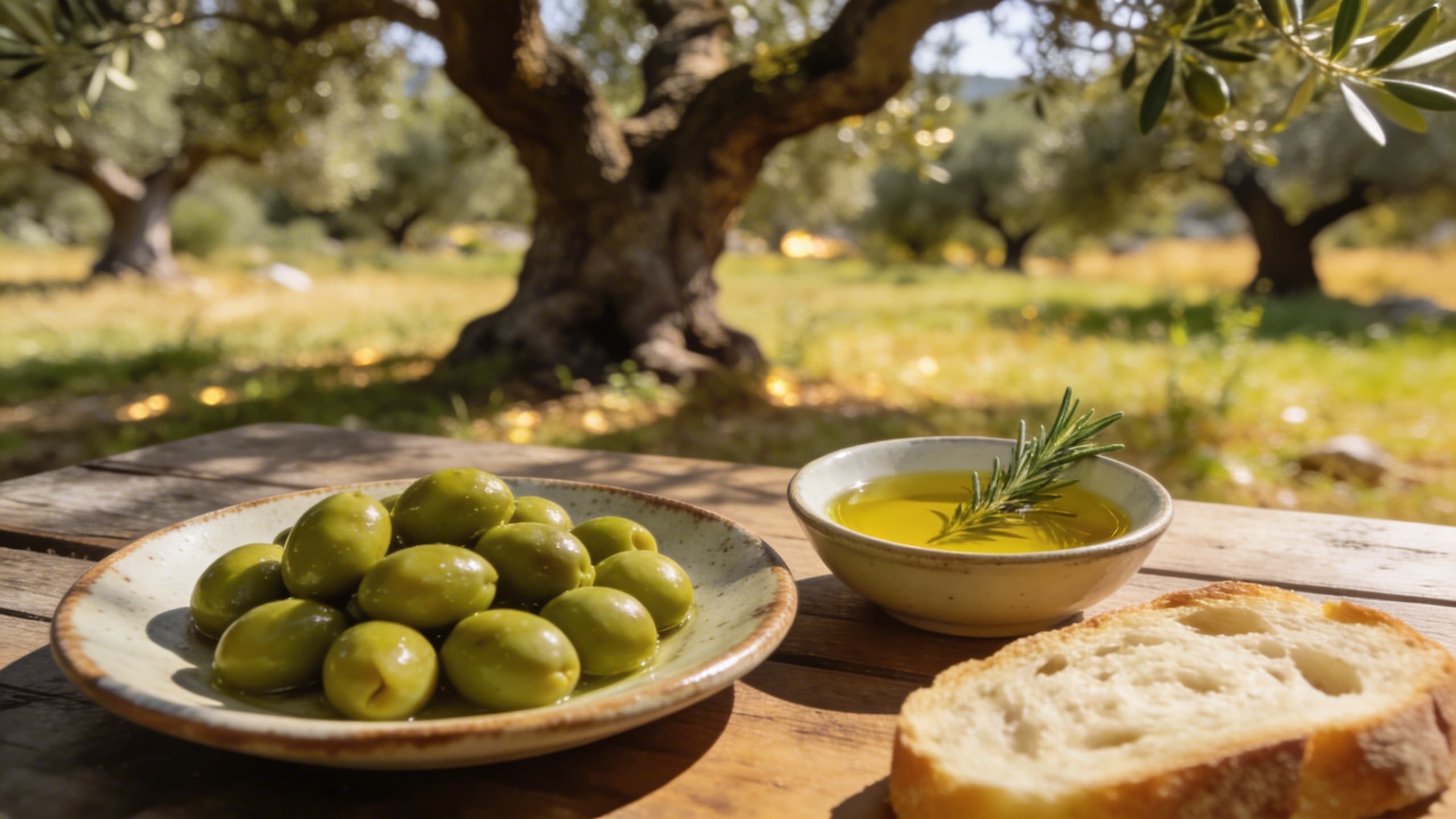 A sun-drenched olive grove with ancient, gnarled trees and dappled sunlight hitting the grass.