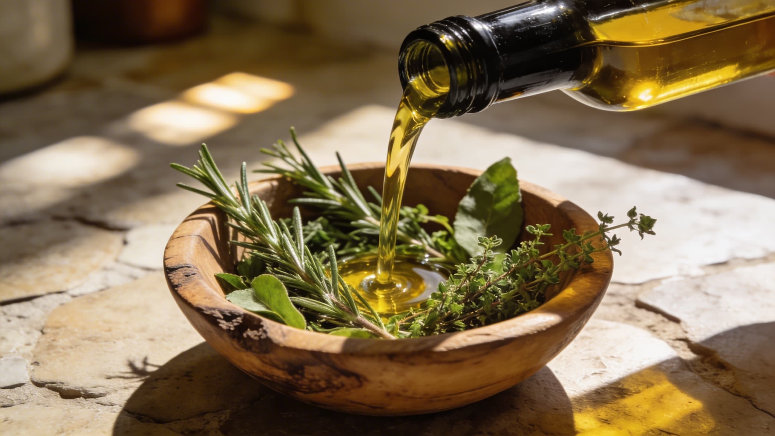 A golden stream of extra virgin olive oil being poured into a rustic wooden bowl of fresh herbs