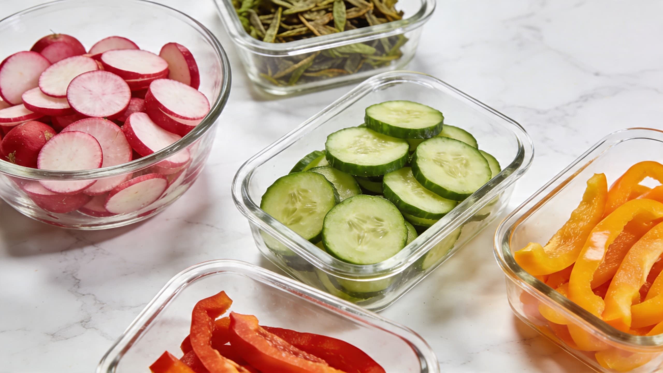A beautiful spread of glass containers filled with colorful, dry-prepped Mediterranean vegetables like radishes, cucumbers, and peppers.