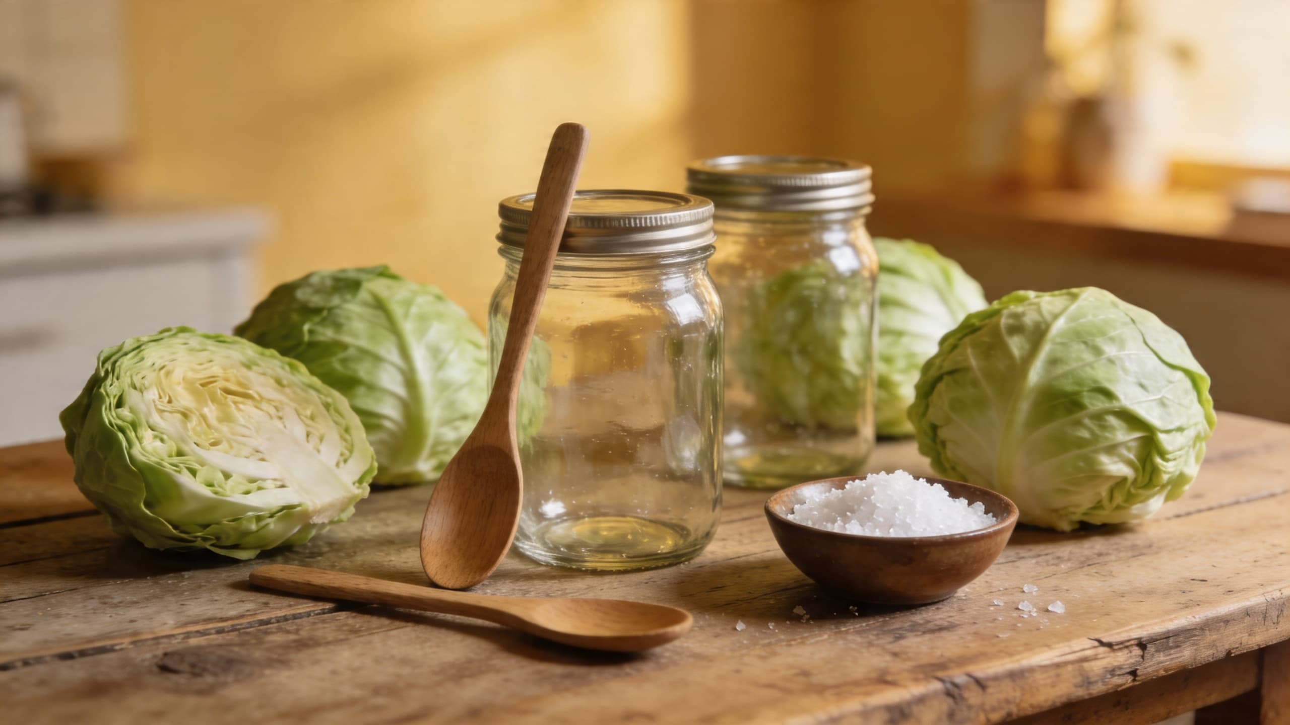 A simple, clean kitchen setup featuring wide-mouth mason jars, a wooden spoon, a bowl of sea salt, and fresh heads of cabbage on a rustic wooden table.
