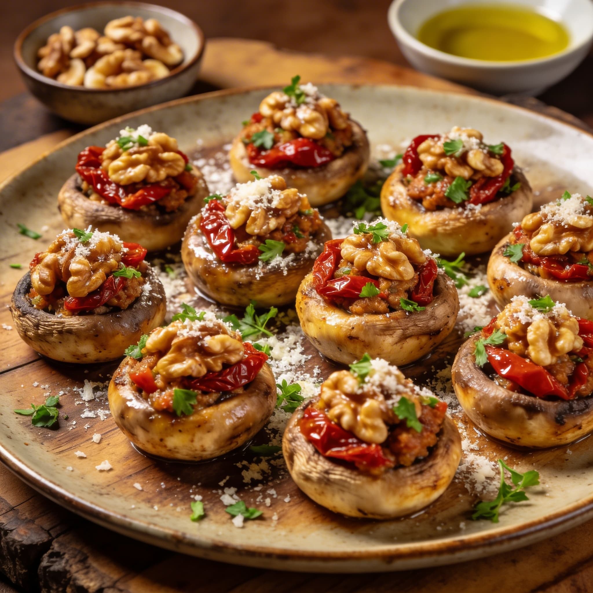 Sun-Dried Tomato & Walnut Stuffed Mushrooms