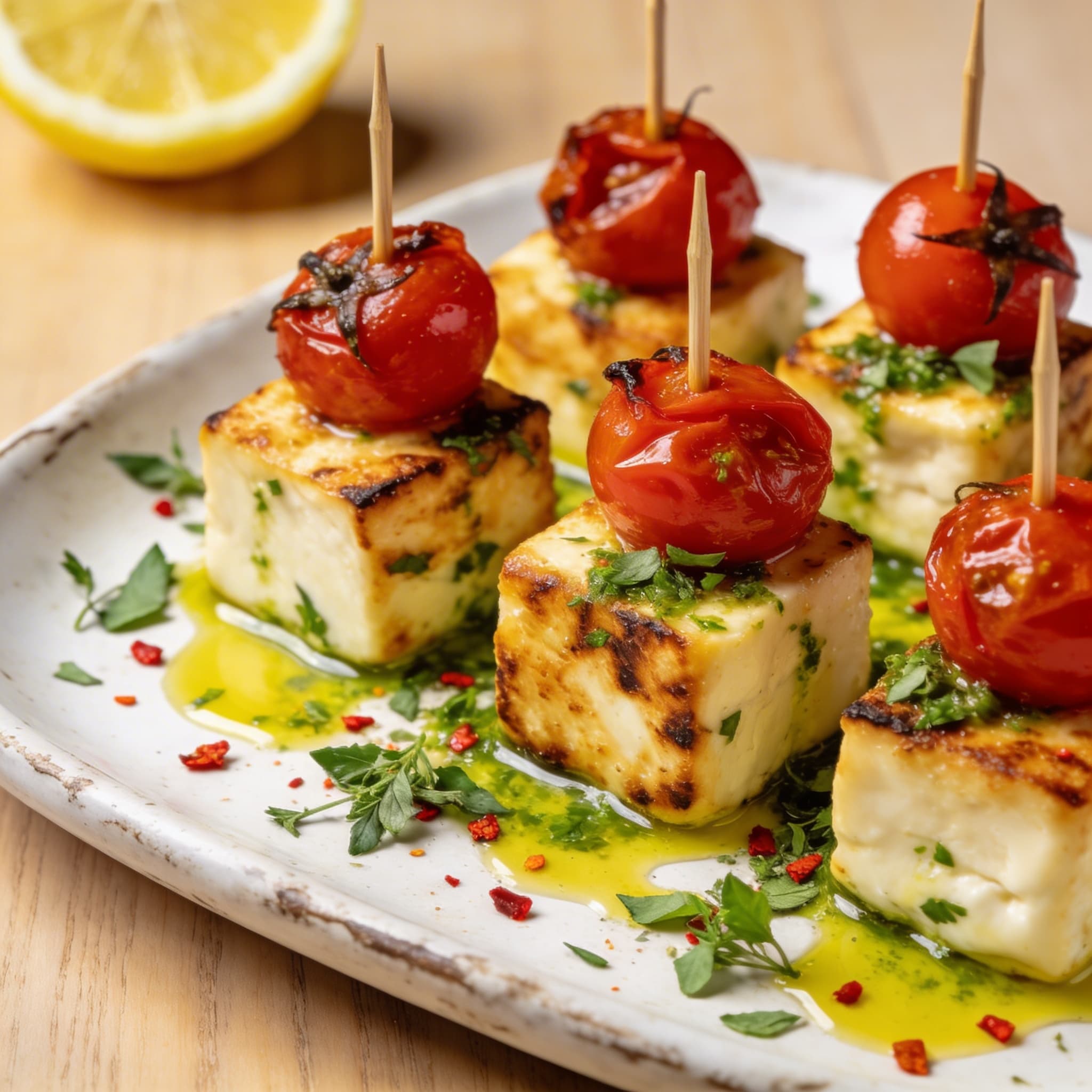Zesty Halloumi & Blistered Tomato Skewers