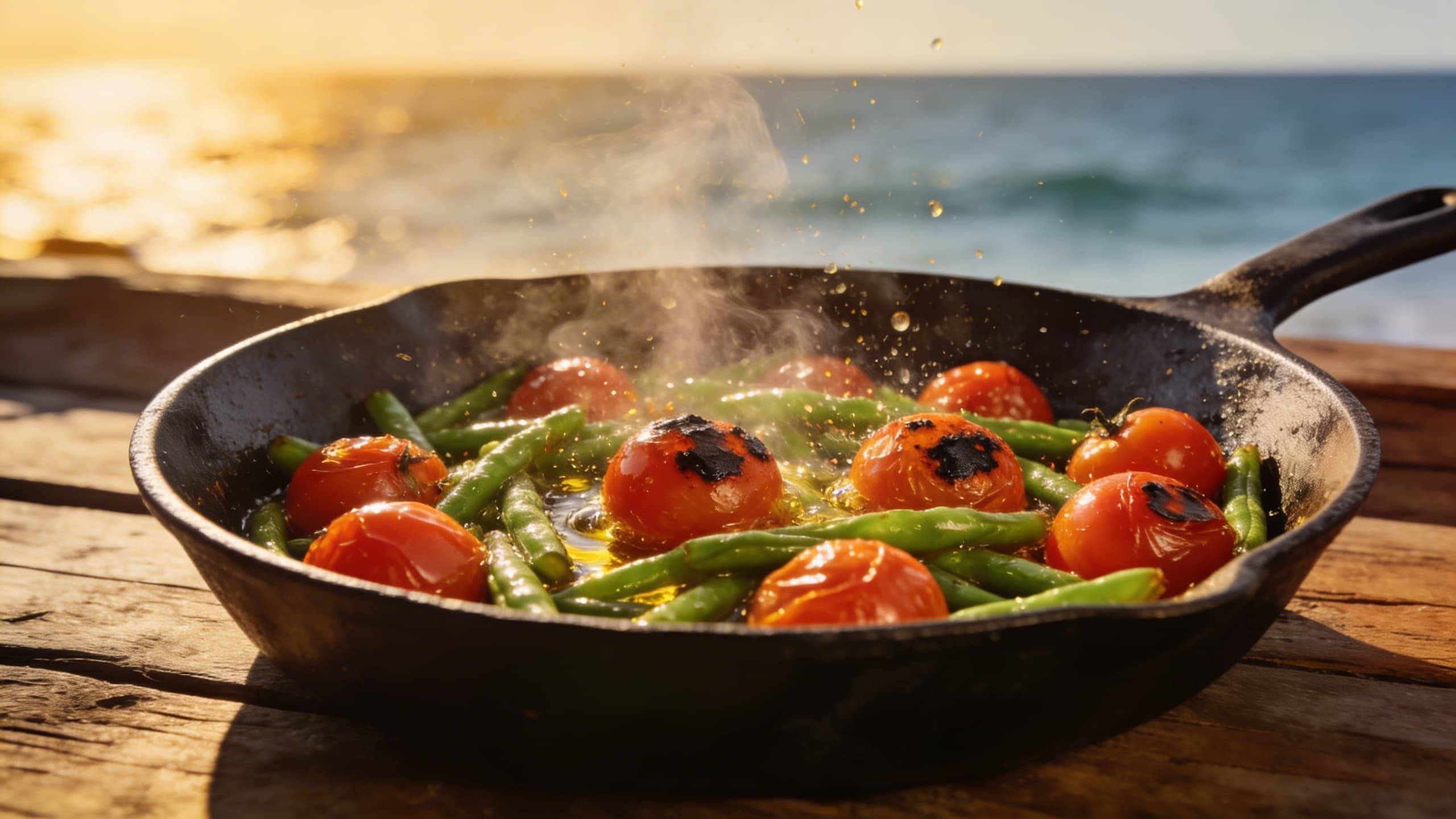 A cast iron skillet filled with cherry tomatoes and green beans mid-sizzle, with vibrant charred spots and a light glisten of olive oil.