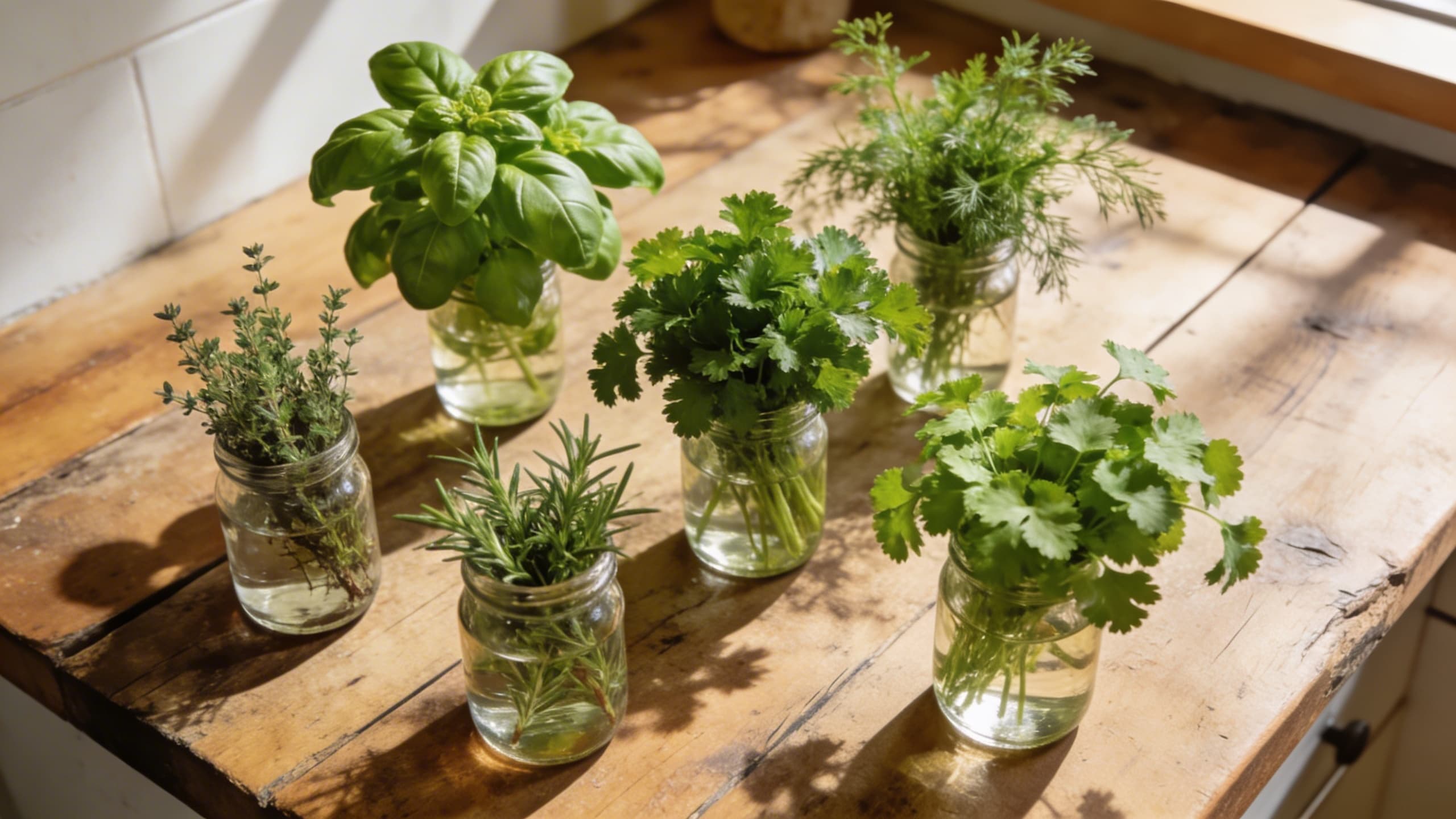 A variety of fresh Mediterranean herbs in glass jars on a wooden countertop