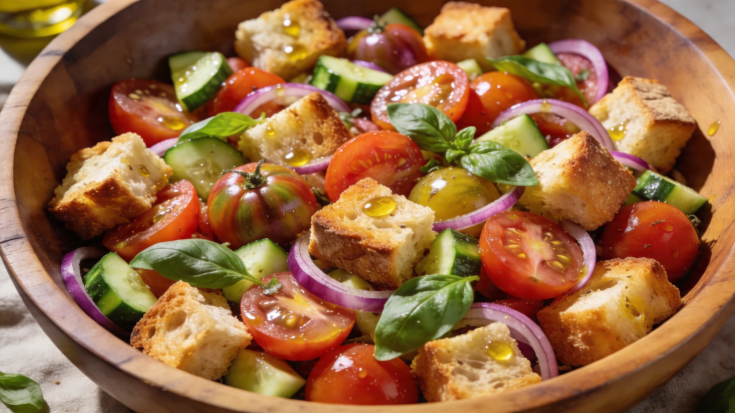 A rustic wooden table featuring a bowl of vibrant Panzanella salad with chunks of toasted bread, ripe red tomatoes, cucumbers, and red onions, drizzled with olive oil.