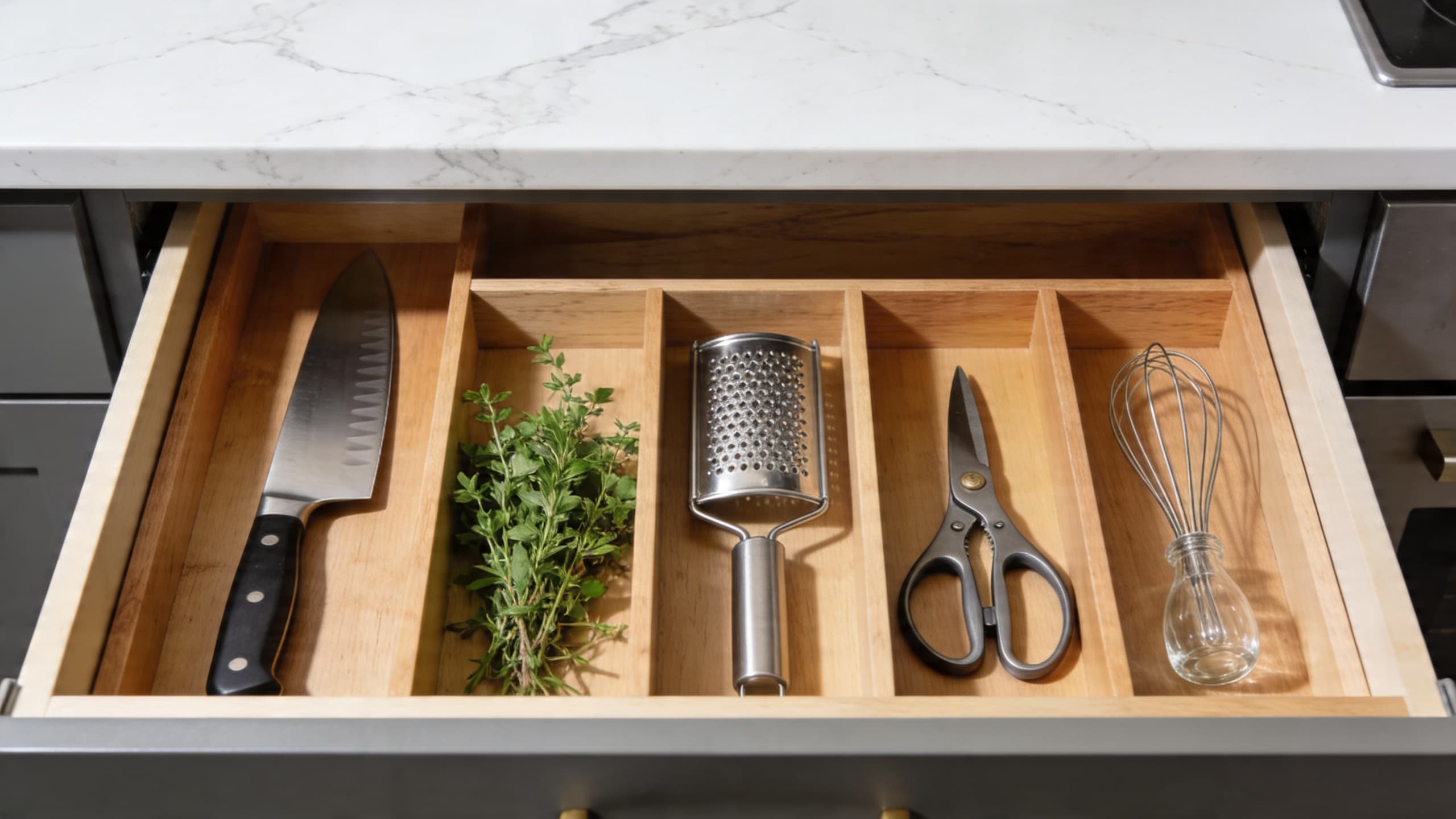 An overhead view of a neatly organized kitchen drawer with foam dividers holding a chef's knife, a microplane zester, herb shears, and a small glass whisk.