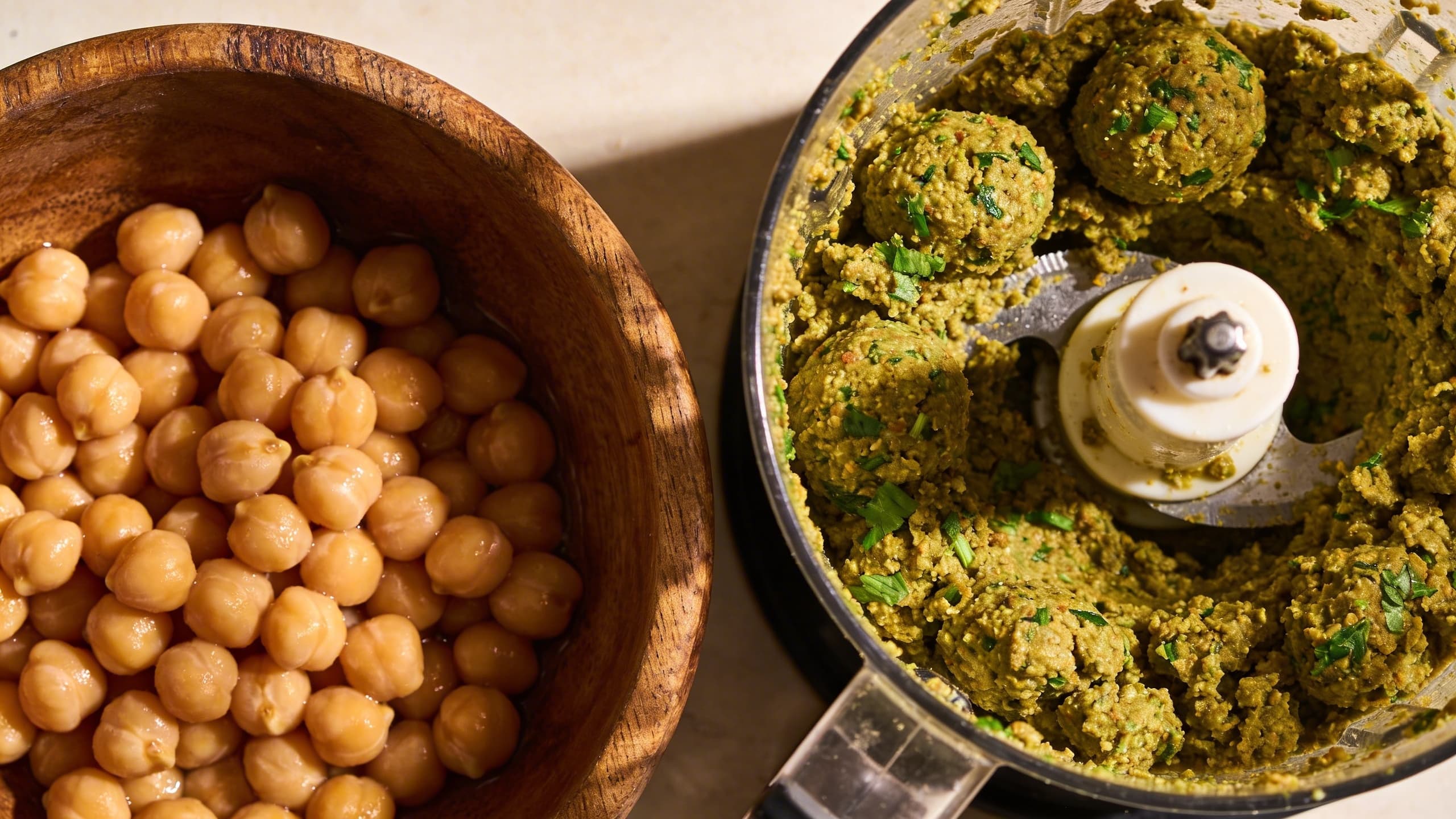 Image 1: A close-up of a wooden bowl filled with rehydrated, plump dried chickpeas next to a food processor with a coarse, herb-flecked falafel batter.