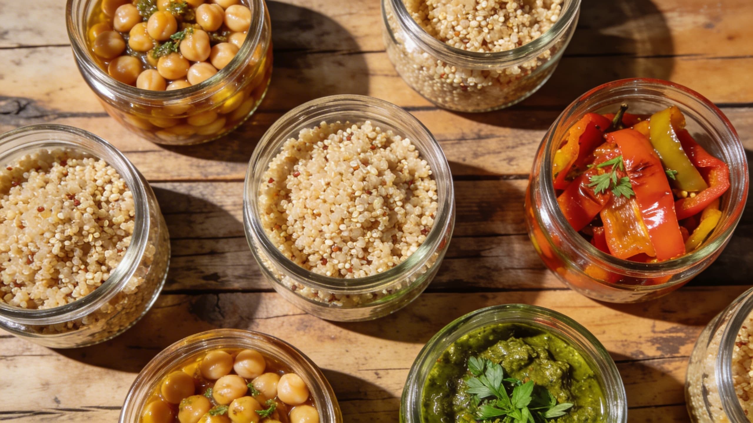 A rustic wooden table covered in clear glass jars filled with cooked quinoa, marinated chickpeas, roasted bell peppers, and fresh herb pestos.