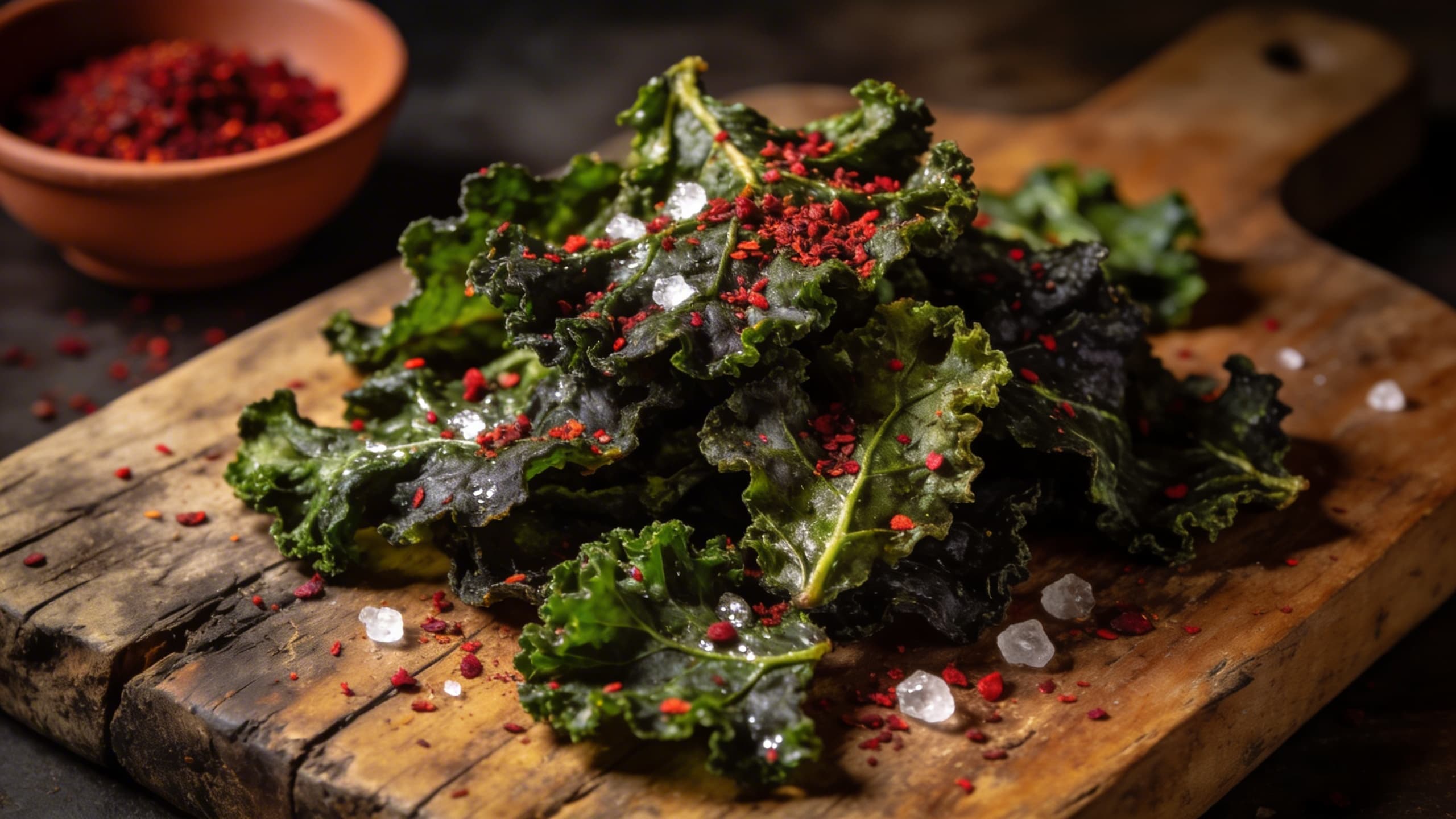 Crispy kale chips dusted with red sumac on a wooden board
