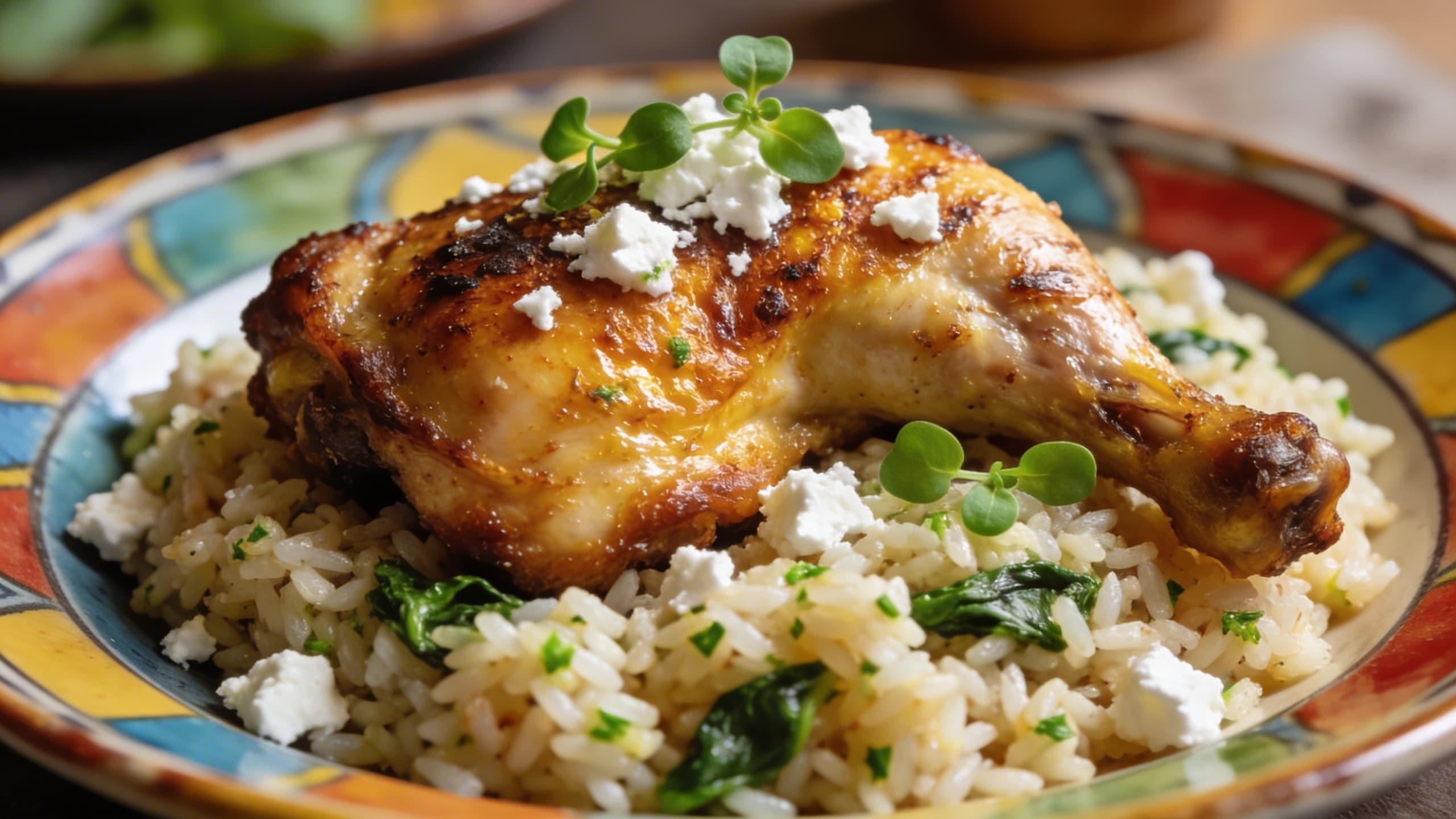 A beautifully plated Mediterranean chicken dish with golden-brown skin, resting on a bed of herb-flecked rice, garnished with a sprinkle of feta and tiny green leaves.