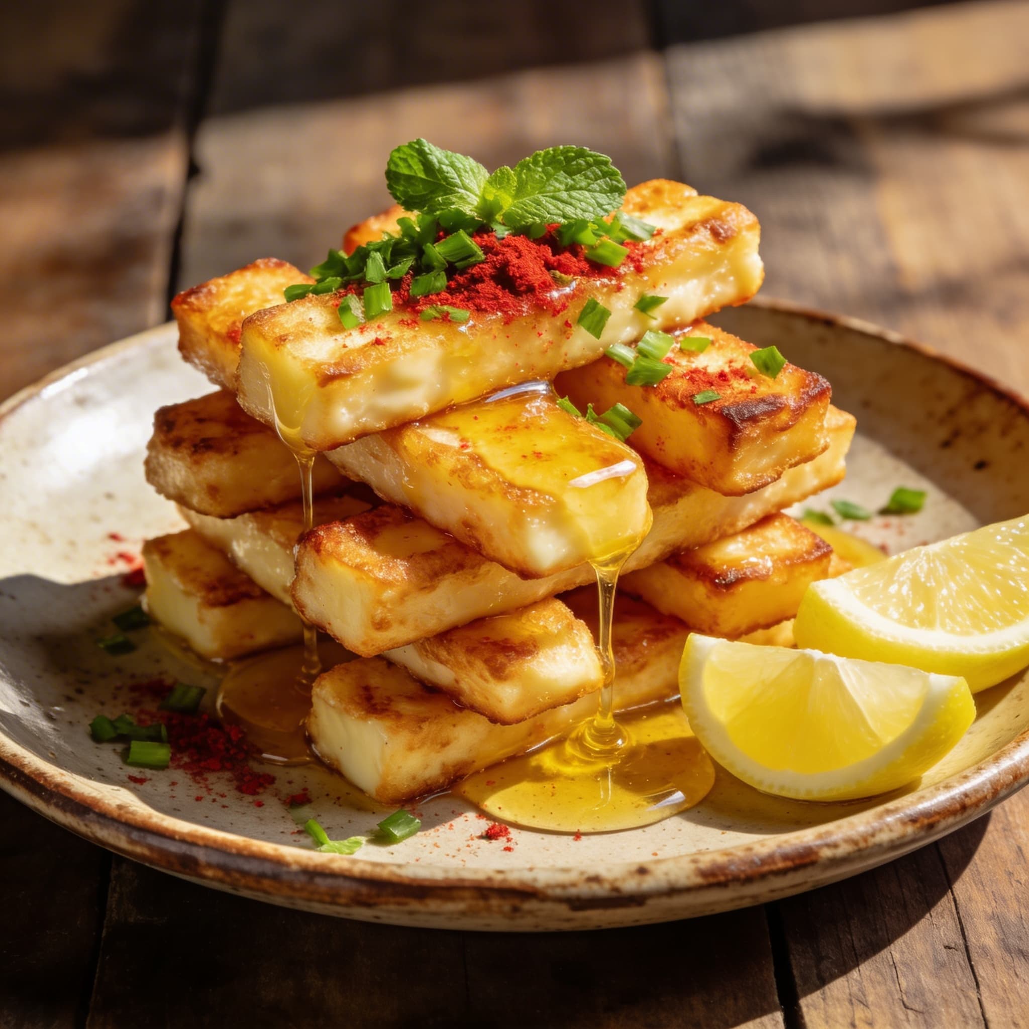 Crispy Lemon-Zested Halloumi Fries with Minty Honey