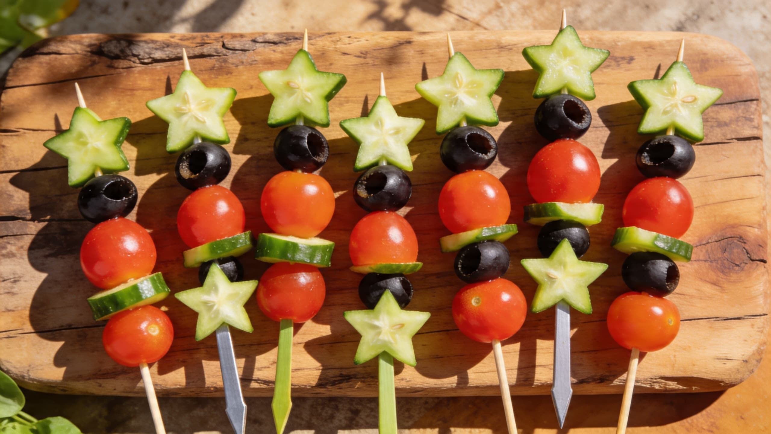 A wooden board featuring colorful vegetable skewers with star-shaped cucumber slices and bright cherry tomatoes, styled like tiny edible swords.