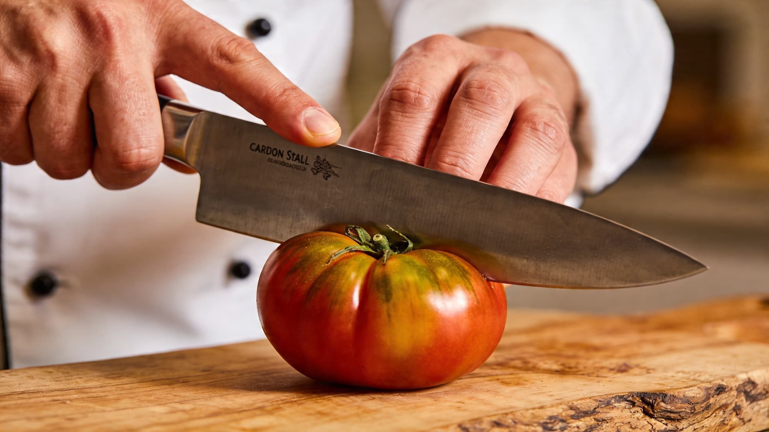 A chef's hand performing a precision 'pinch grip' on a carbon steel knife, slicing through a vibrant heirloom tomato with zero resistance.