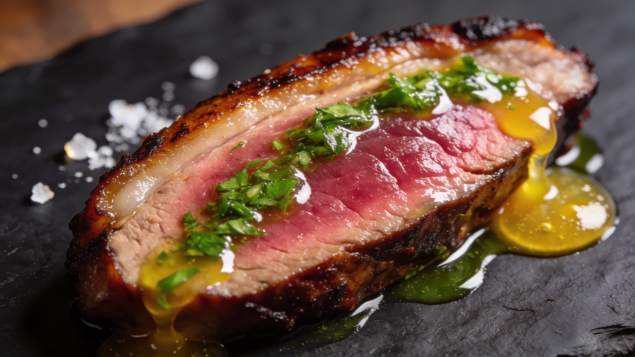 The result of a perfectly balanced smoke ring against a bright, acidic herb oil.