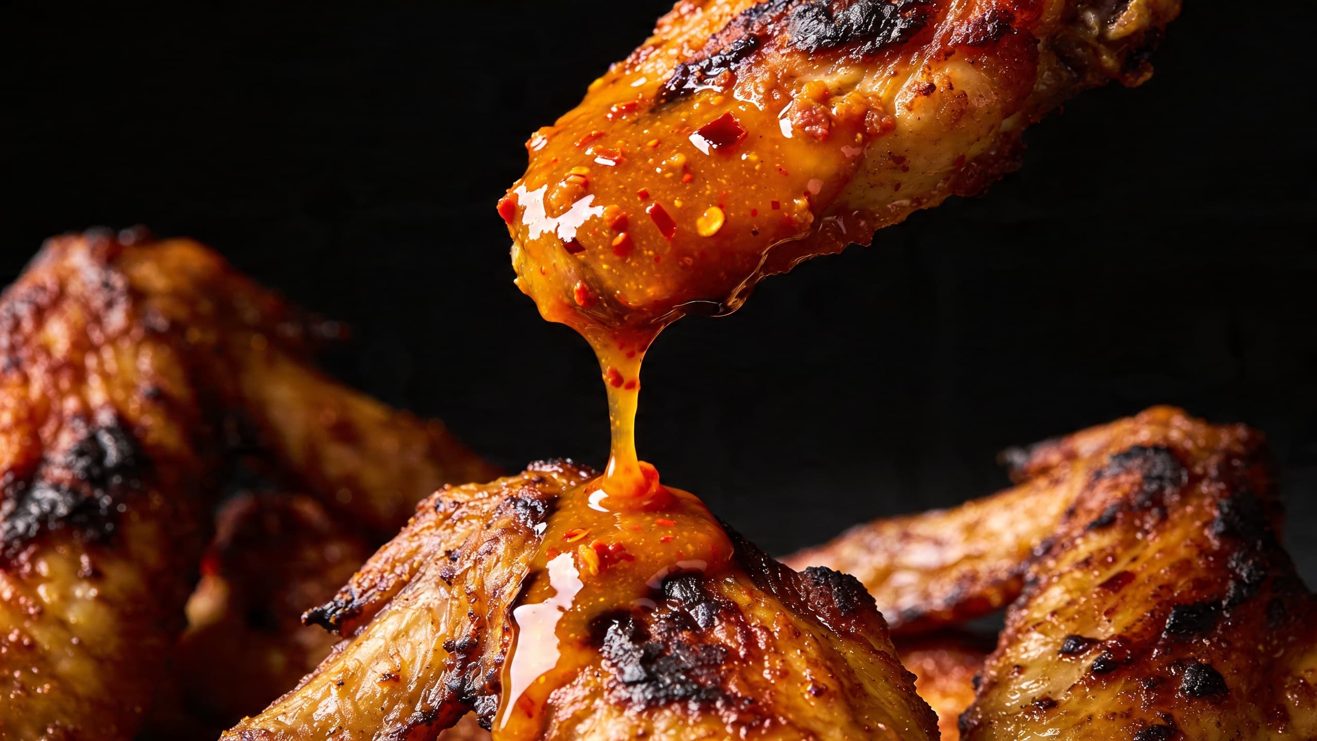 A close-up of a vibrant orange 'nduja glaze dripping slowly off a charred chicken wing, catching the light.