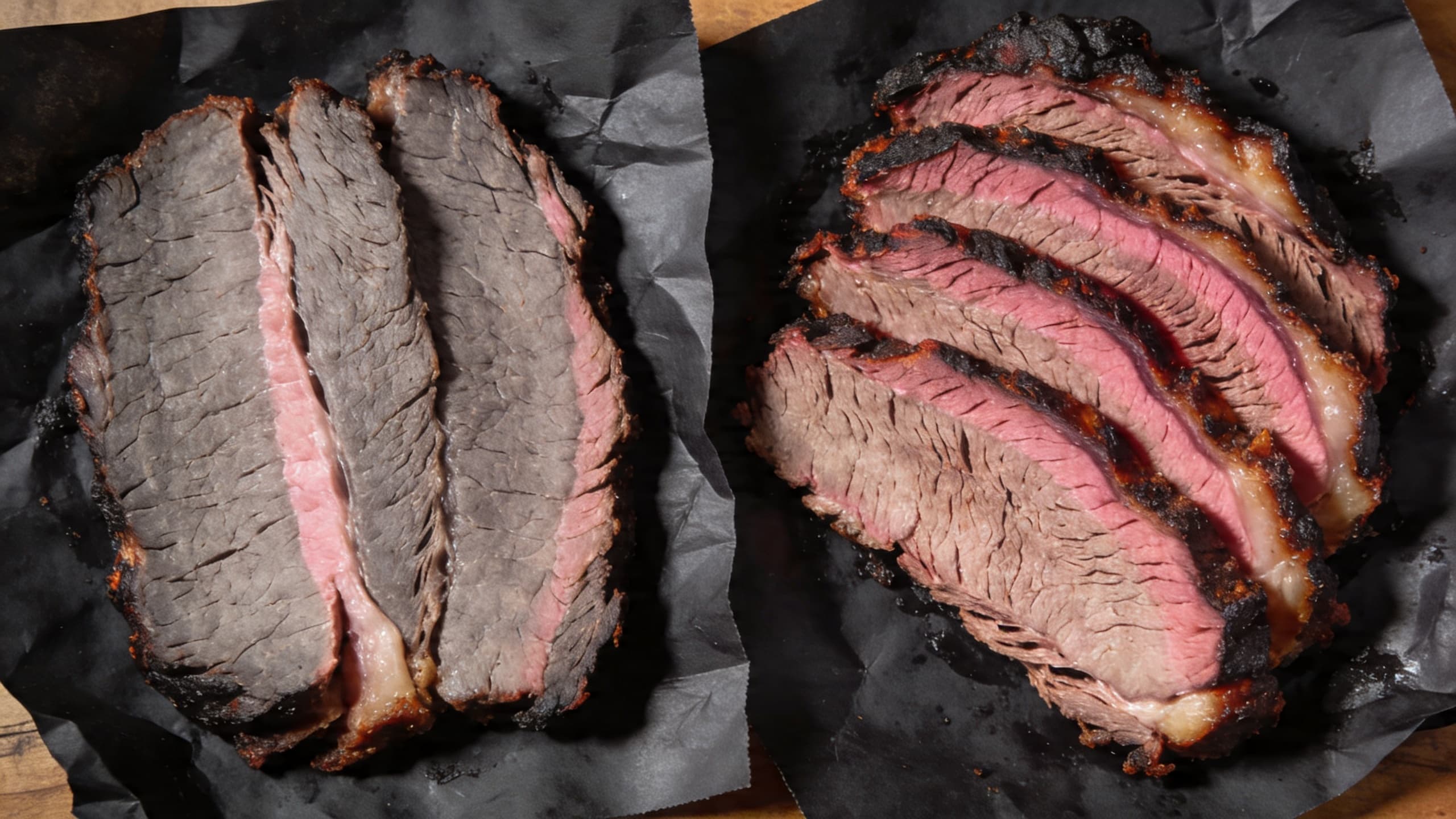 Image 2: Two slices of brisket side-by-side; one is a dull, uniform gray (failure) and the other has a vibrant, deep pink ring (success).