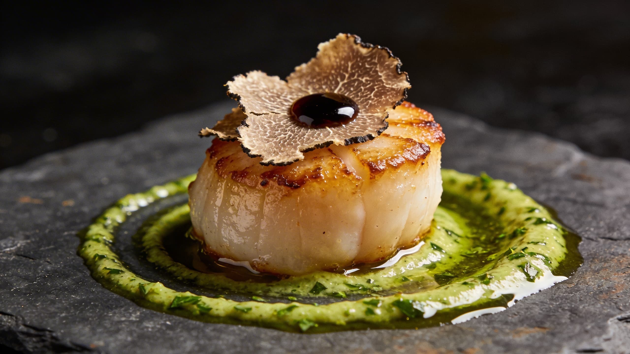 A stunningly plated dish: a single, perfectly seared scallop resting on a swirl of vibrant herb oil, topped with a micro-shaving of fresh truffle and a single drop of dark, glossy balsamic reduction.