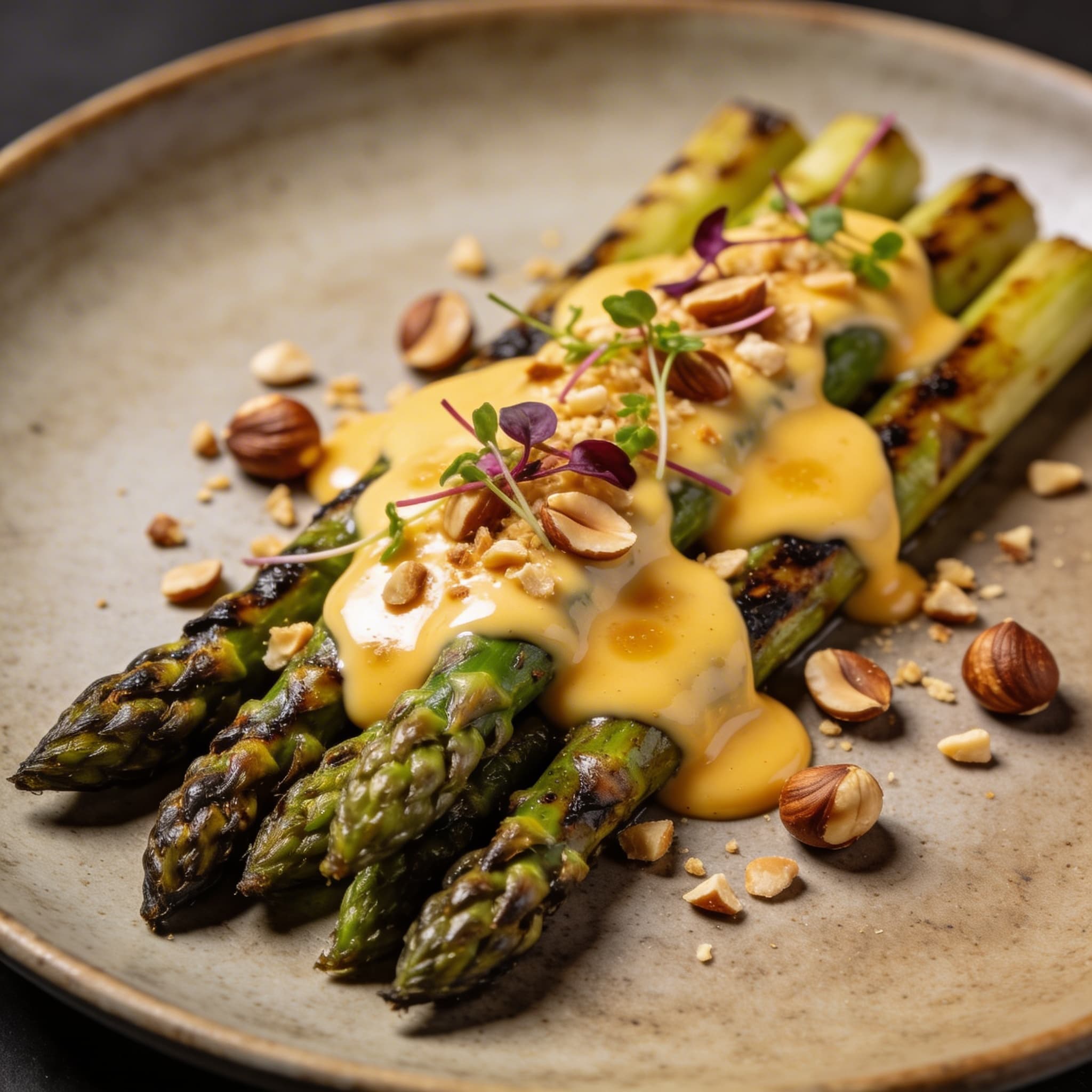Charred Asparagus with Smoked Hollandaise & Hazelnuts