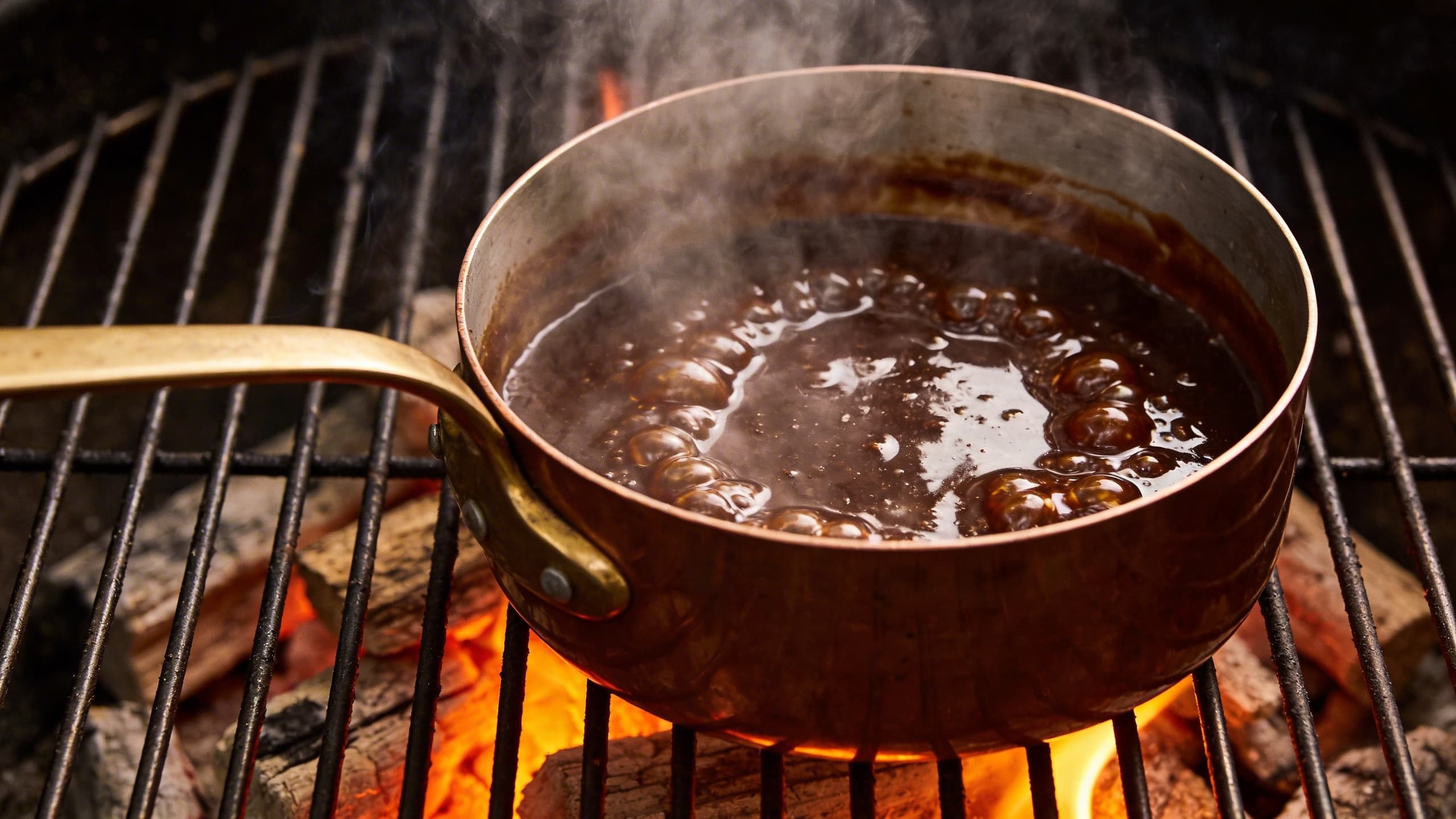 Close-up of a sauce reducing over live coals, showing the intense bubbling and steam