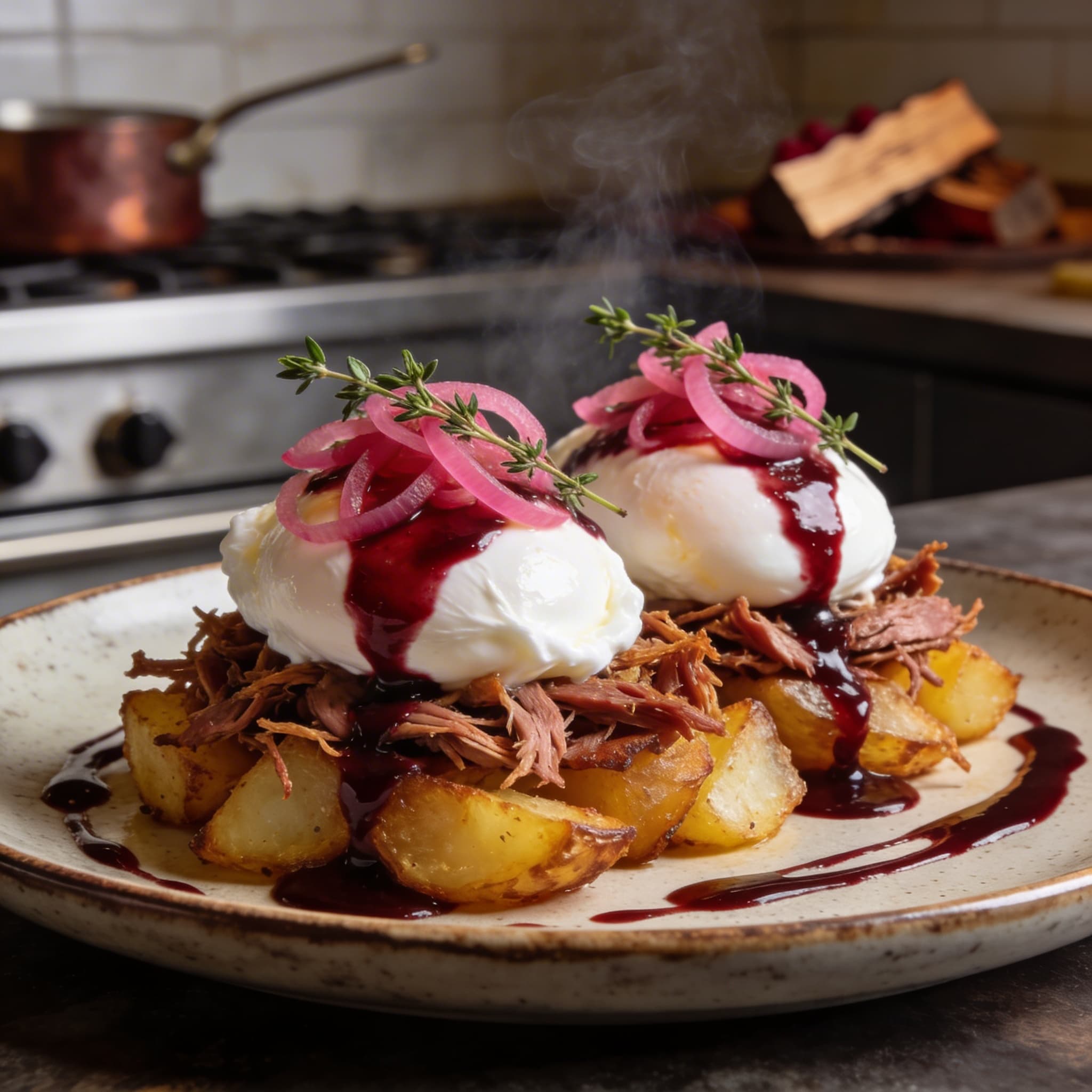 Smoked Duck Fat Hash with Red Wine Reduction