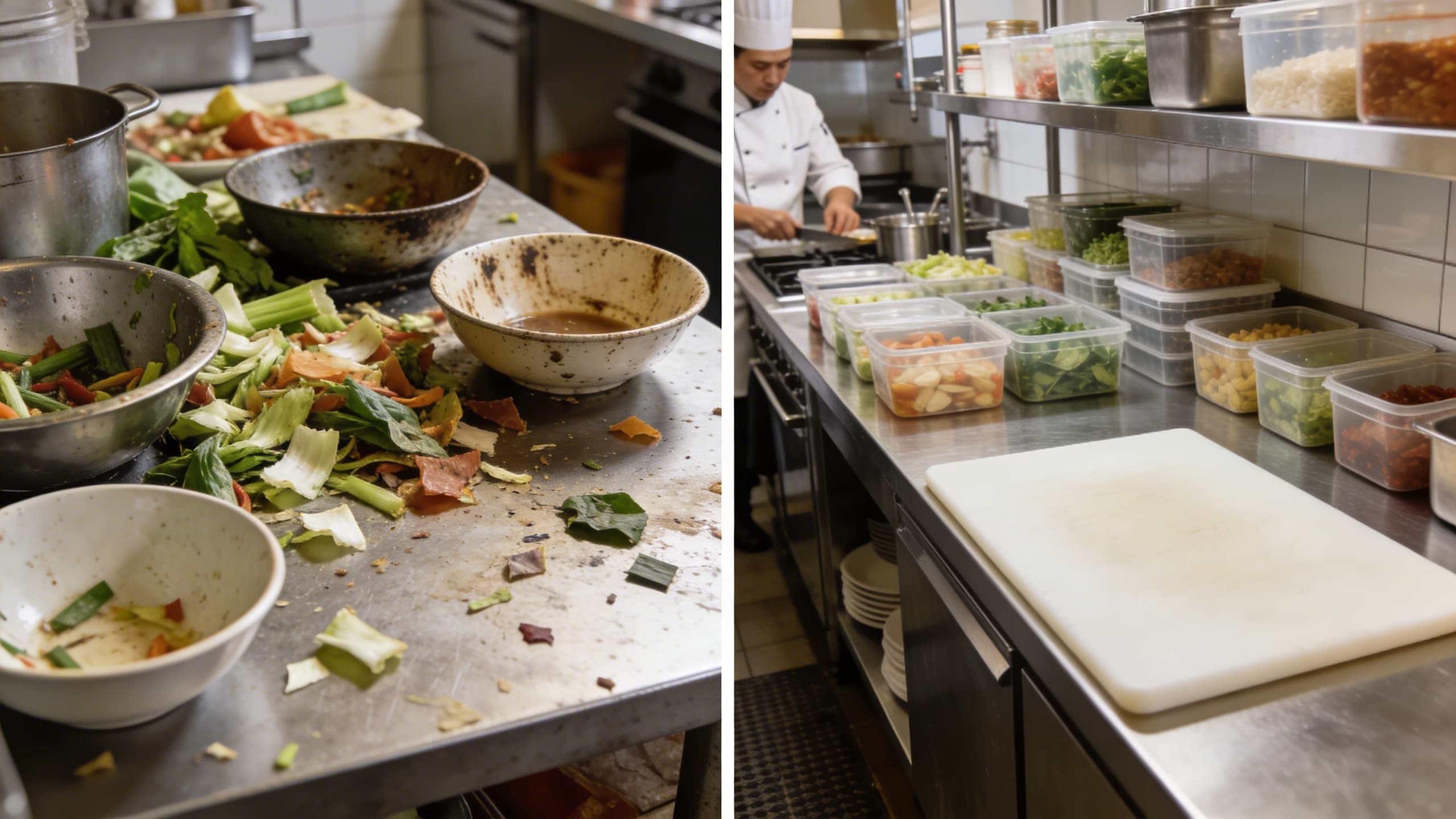 A cluttered kitchen counter with vegetable scraps and unwashed bowls vs. a streamlined professional station with organized prep containers.