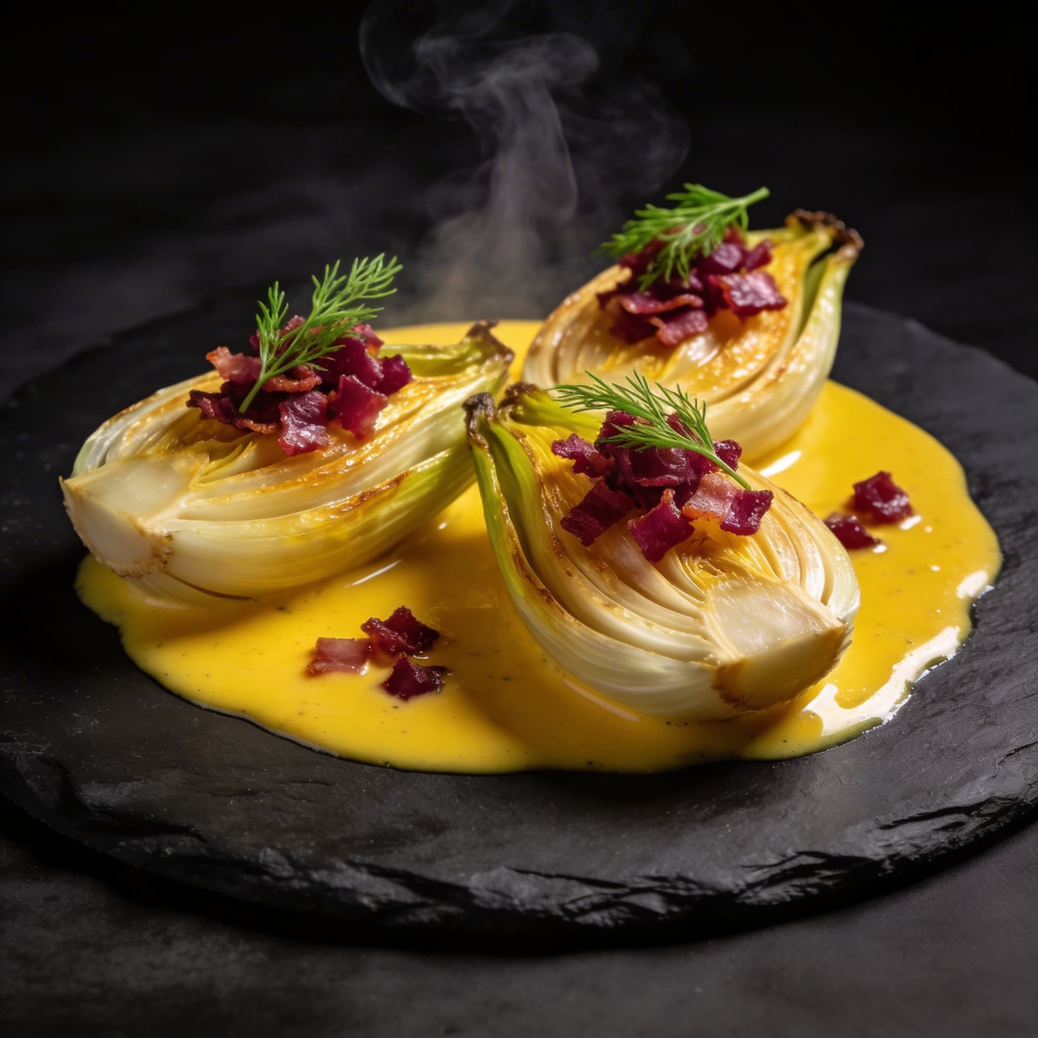 Blanched Fennel with Saffron Beurre Blanc & Smoked Pancetta Crumble