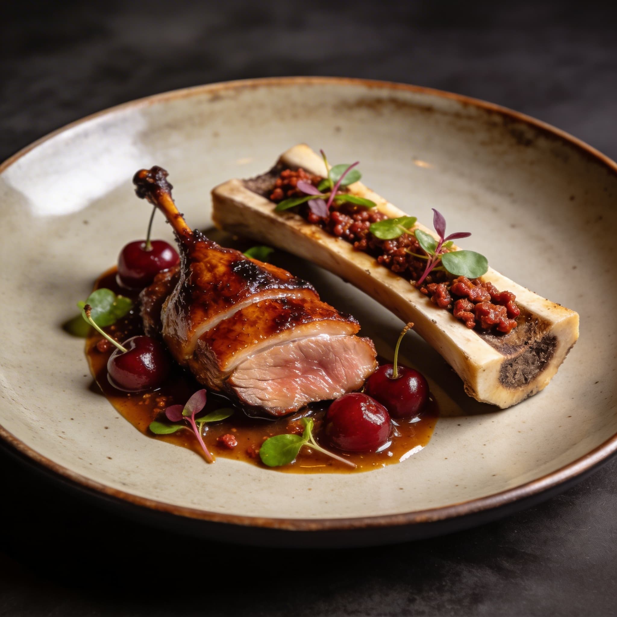 Cherry-Smoked Duck & Bone Marrow with 'Nduja Vinaigrette