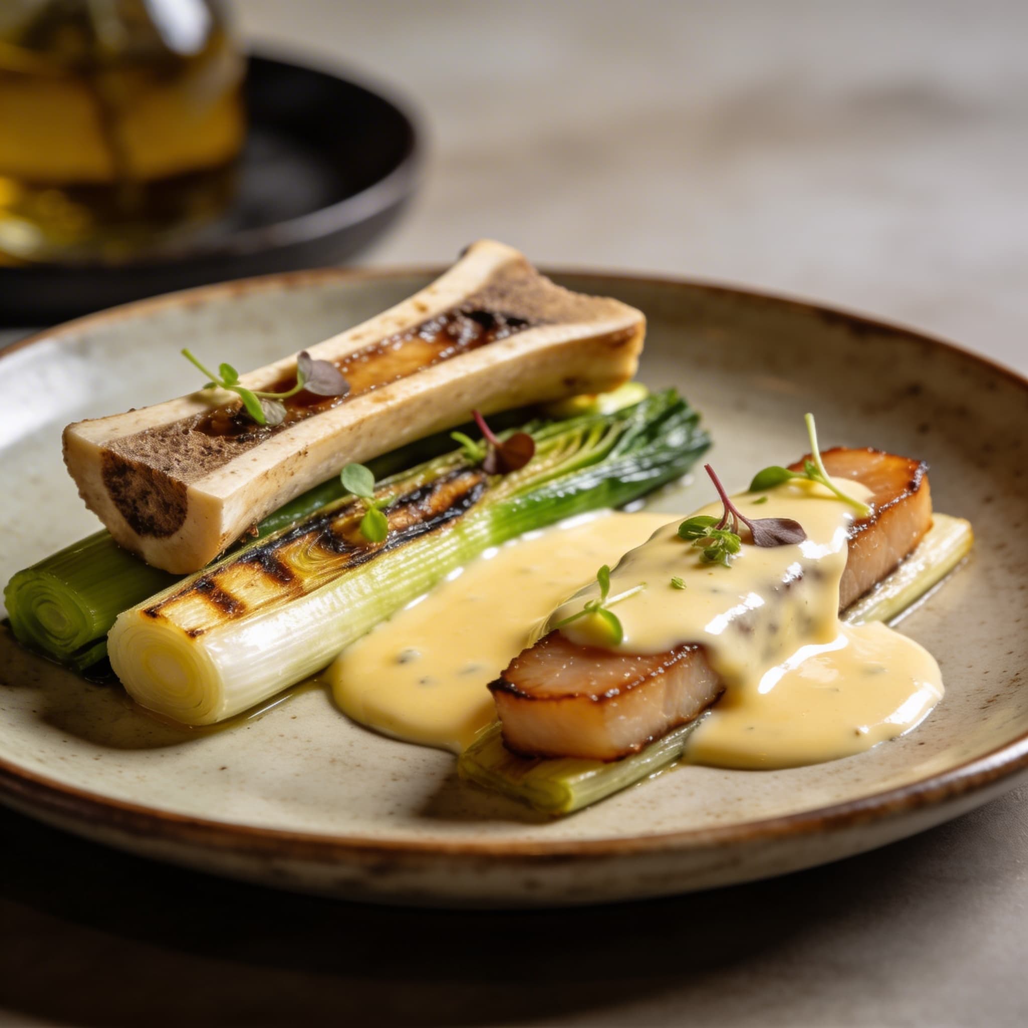 Wood-Fired Leeks with Smoked Marrow Hollandaise