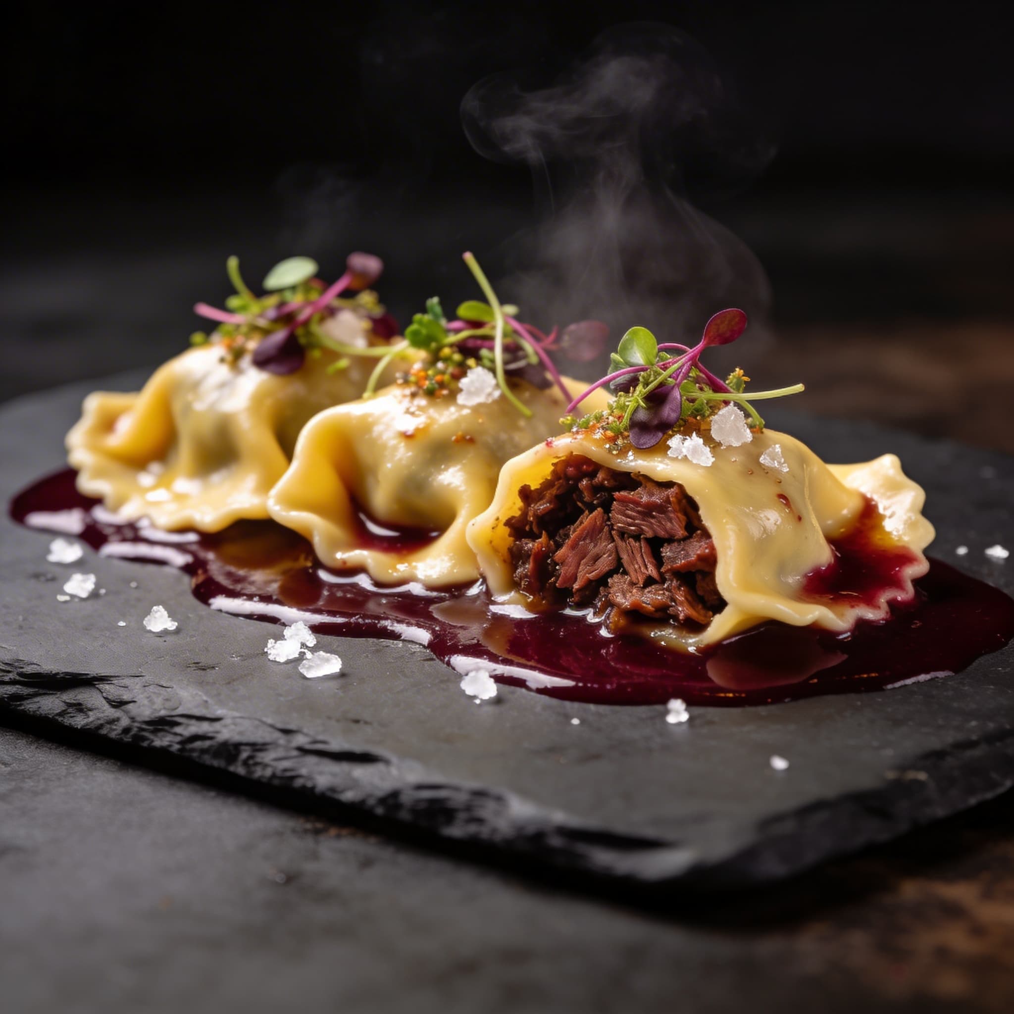 Smoked Brisket Agnolotti with Red Wine Reduction
