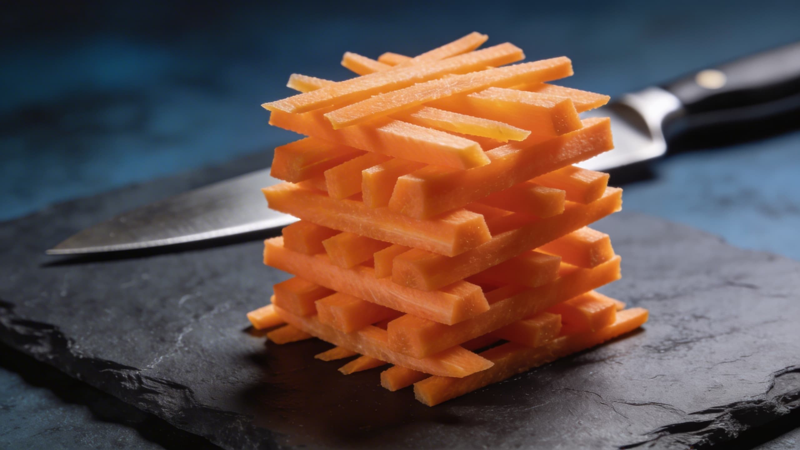 Image 2: Perfectly uniform 1/8-inch julienne carrots arranged on a dark slate board, showcasing the architectural precision required for high-end fusion plating.