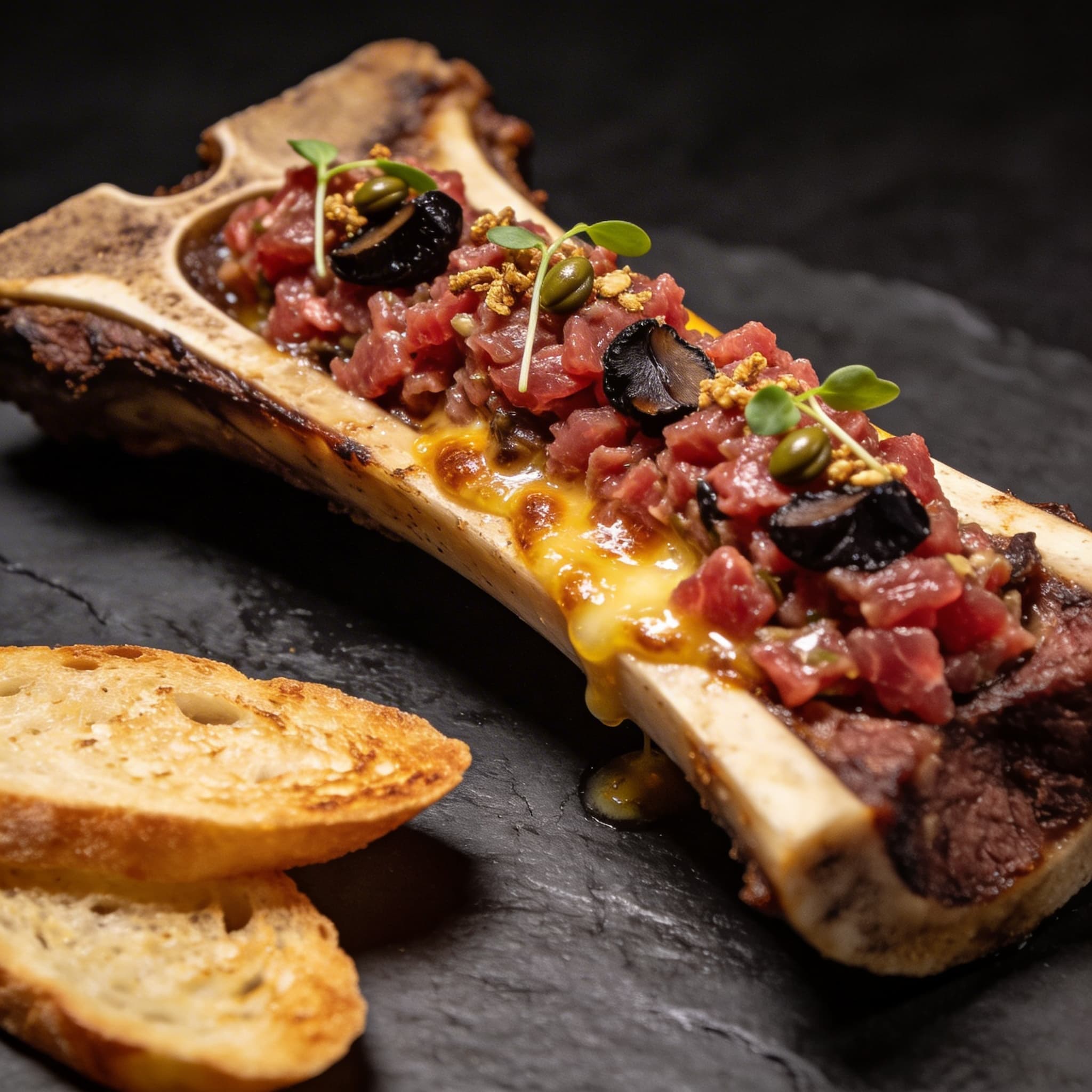 Wagyu Tartare & Roasted Marrow with Black Garlic Emulsion