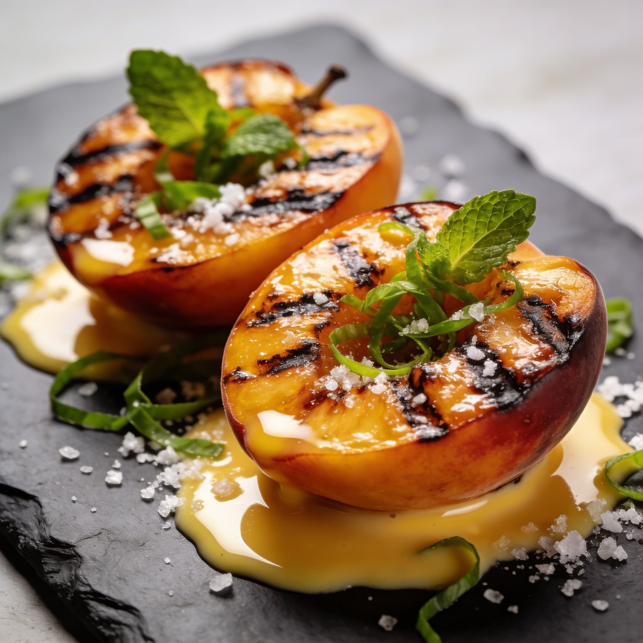 'Live-Fire' Peaches with Salted Butter Emulsion