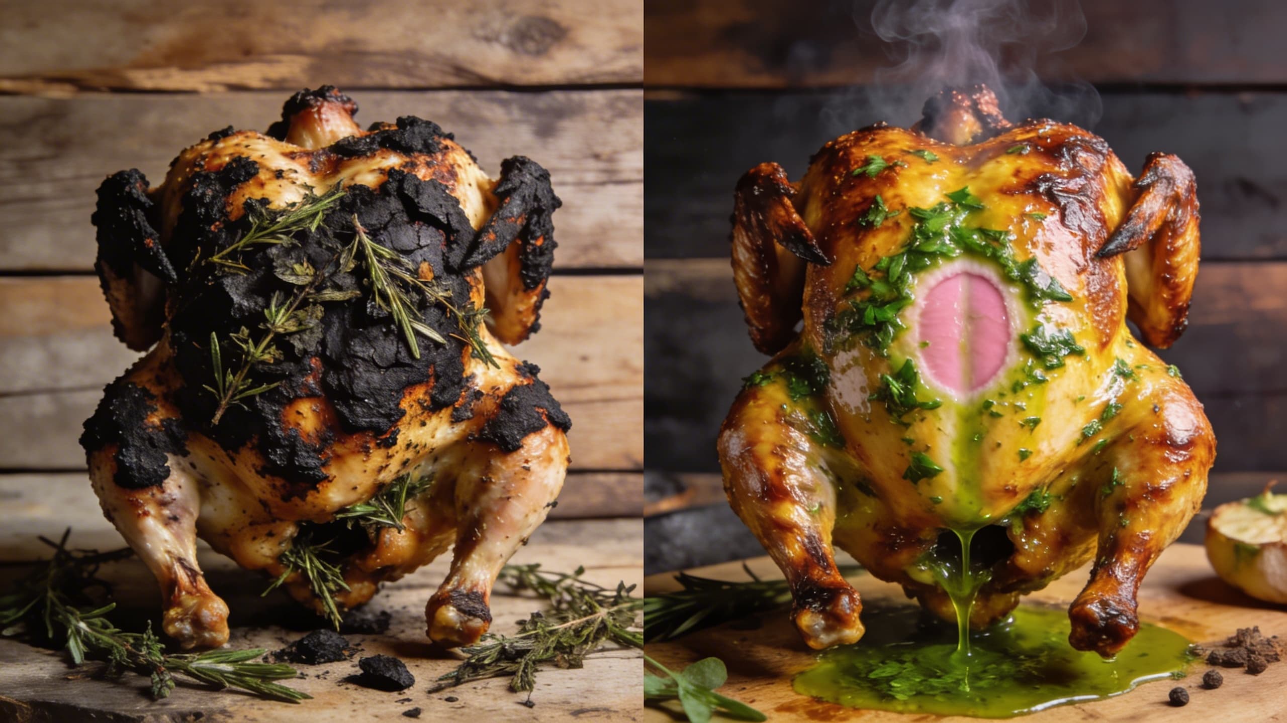 A side-by-side of blackened, burnt herbs on a chicken vs. a vibrant, herb-infused oil-basted bird with a clean smoke ring.