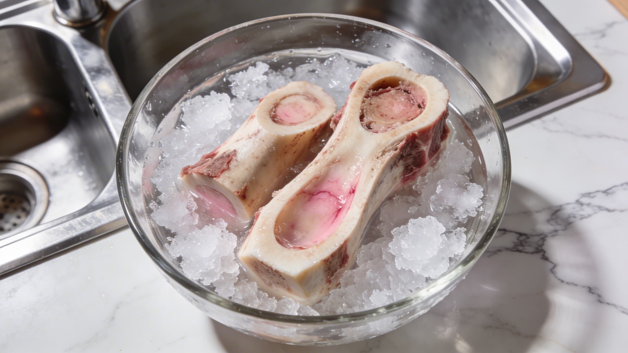A close-up of canoe-cut beef marrow bones soaking in a clear salt-water brine, showing the extraction of impurities.