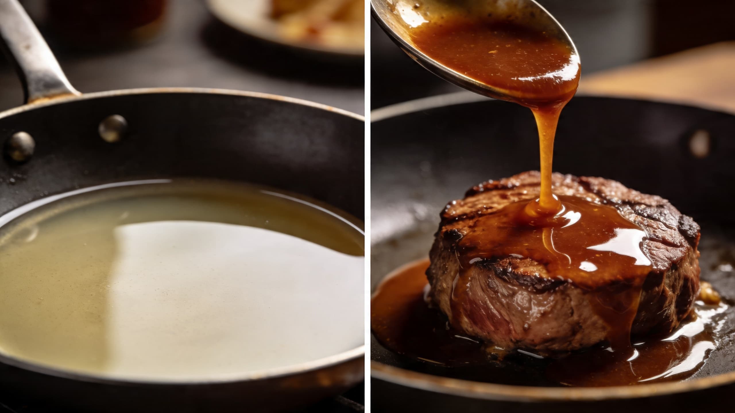 Before and after comparison: on the left, a thin, watery liquid in a pan; on the right, a thick, glossy, mahogany-colored sauce draped over a perfectly seared medallion of beef.